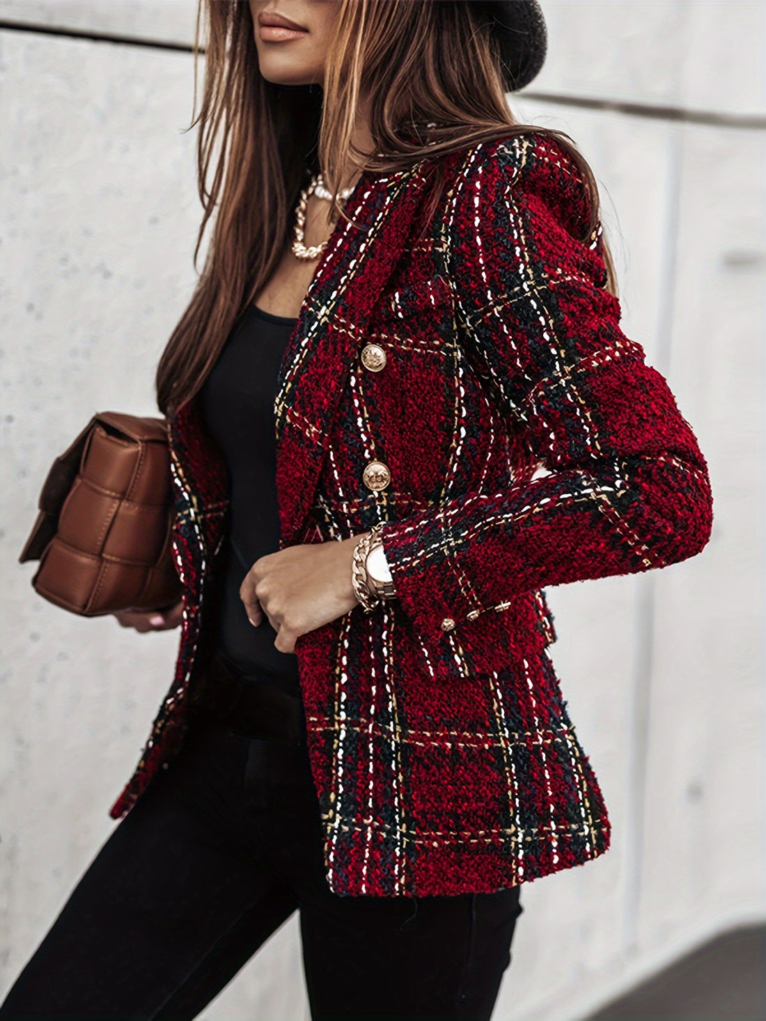 Double-breasted Notched Lapel Blazer, Elegant Plaid Tweed Long Sleeve Blazer For Office & Work