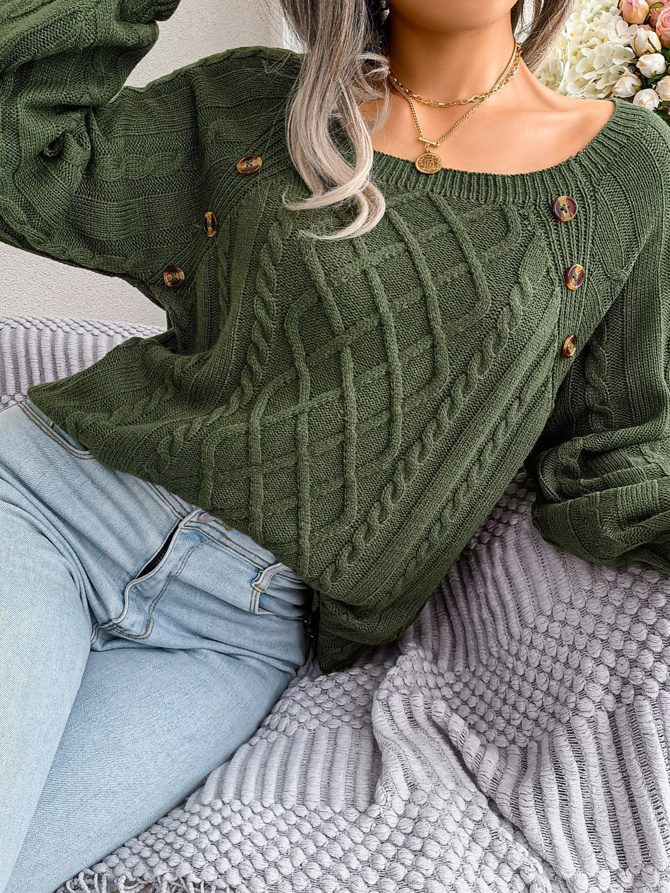 Cozy Women's Sweater with Textured Button Lantern Sleeves