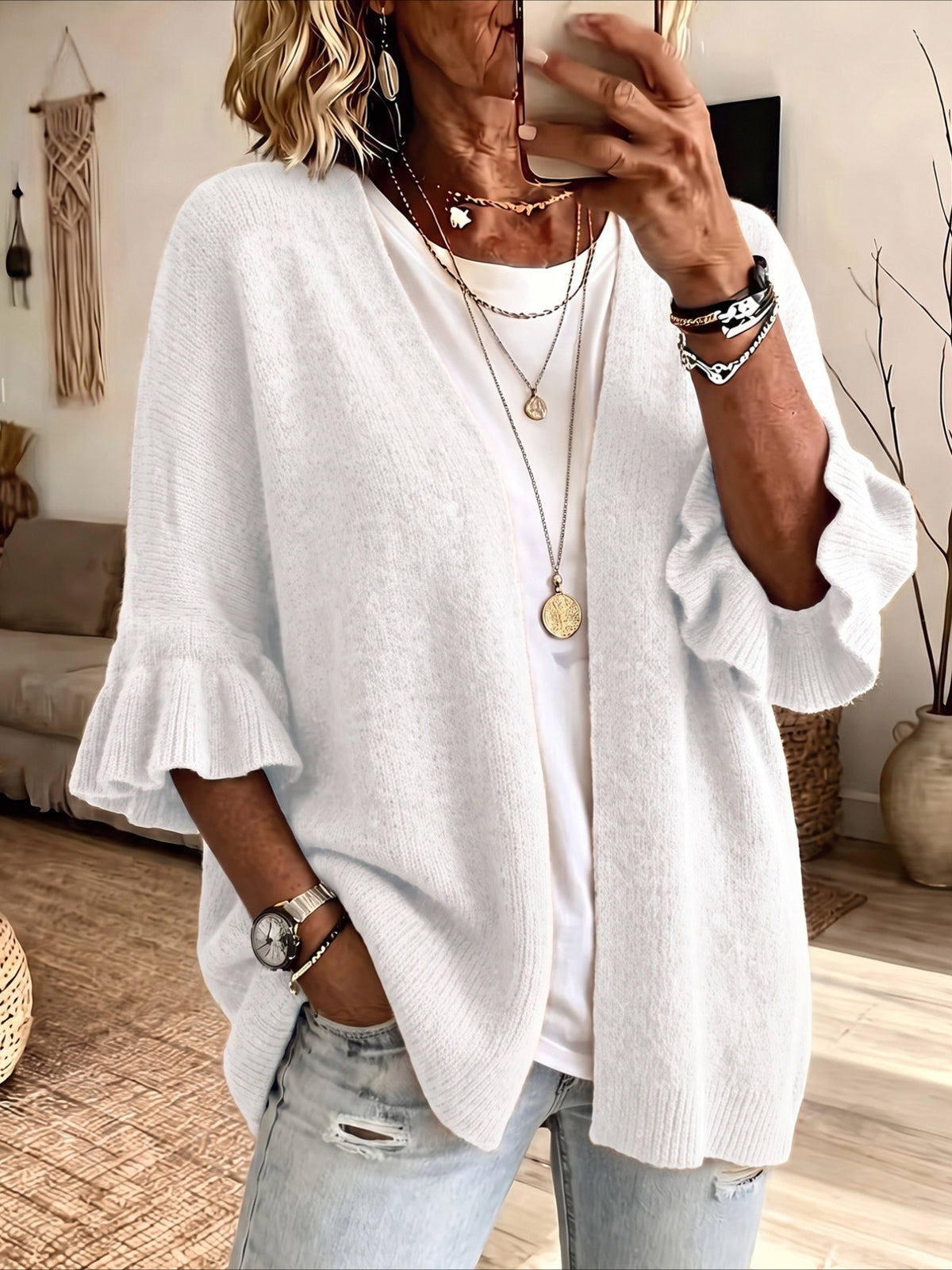 Open Front Ruffle Sleeve Knit Cardigan