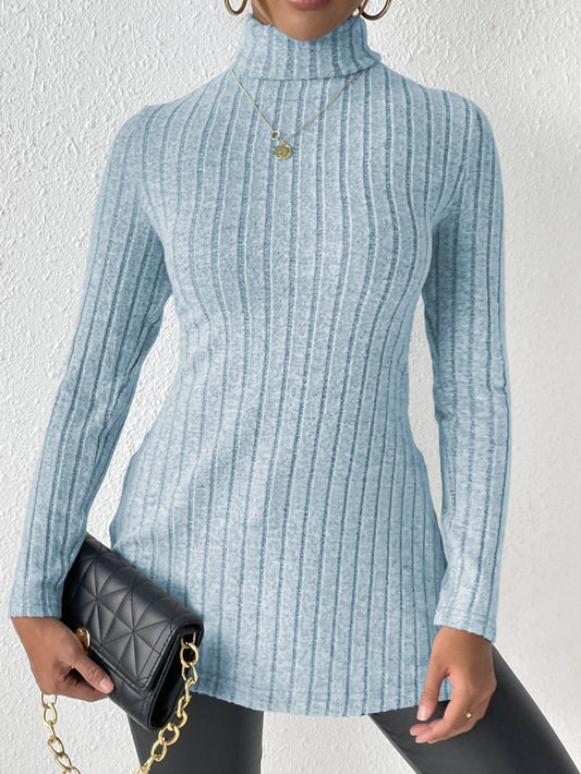 Solid Turtle Neck Rib Knit Top, Casual Long Sleeve Split Top