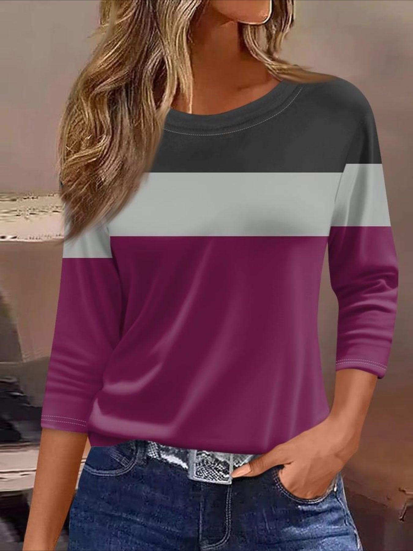 Regular Fit Printed Three-Quarter Sleeve Round Neck T-Shirt