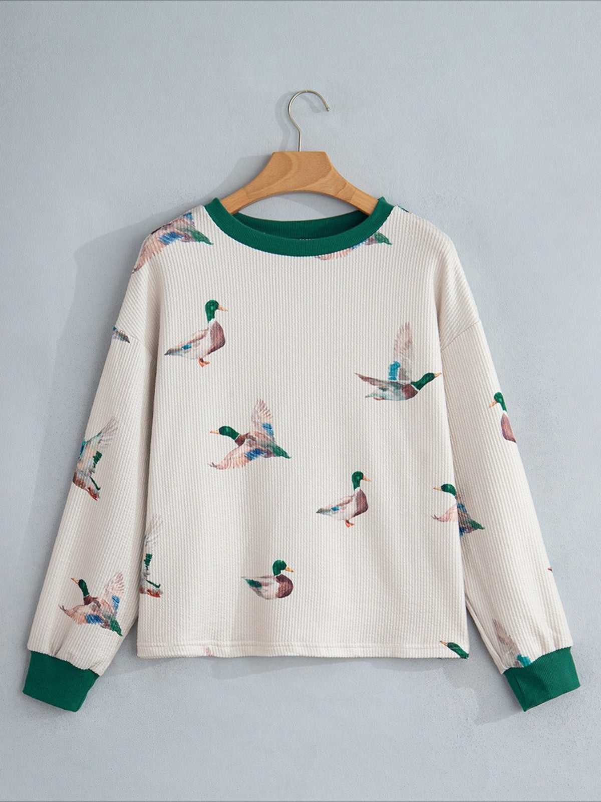 Duck Print Waffle Knit Sweatshirt with Contrast Trim