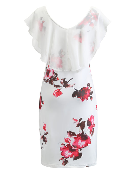 Floral Print Ruffle Trim Bodycon Mini Dress - Women's Casual Beach Summer Short Sleeve Dress