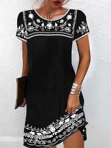 Floral Print Short Sleeve A-line Dress, Casual Crew Neck Above Knee Dress