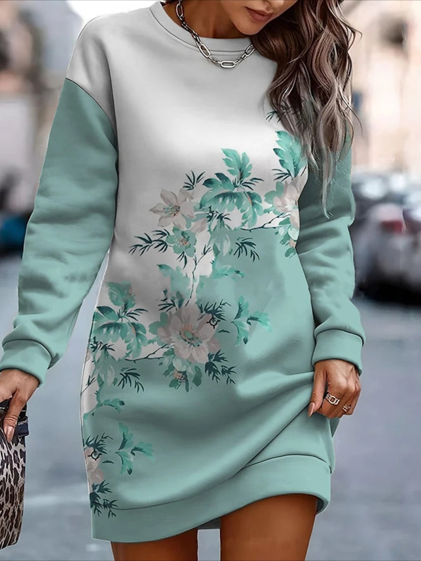 Women's Casual Geometric Pattern Long Sleeve Sweatshirt Dress - Polyester Knit Fabric, Fitted Style, Round Neck