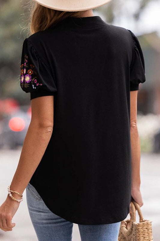 Black Floral Embroidered Sleeve Notch Neck Top
