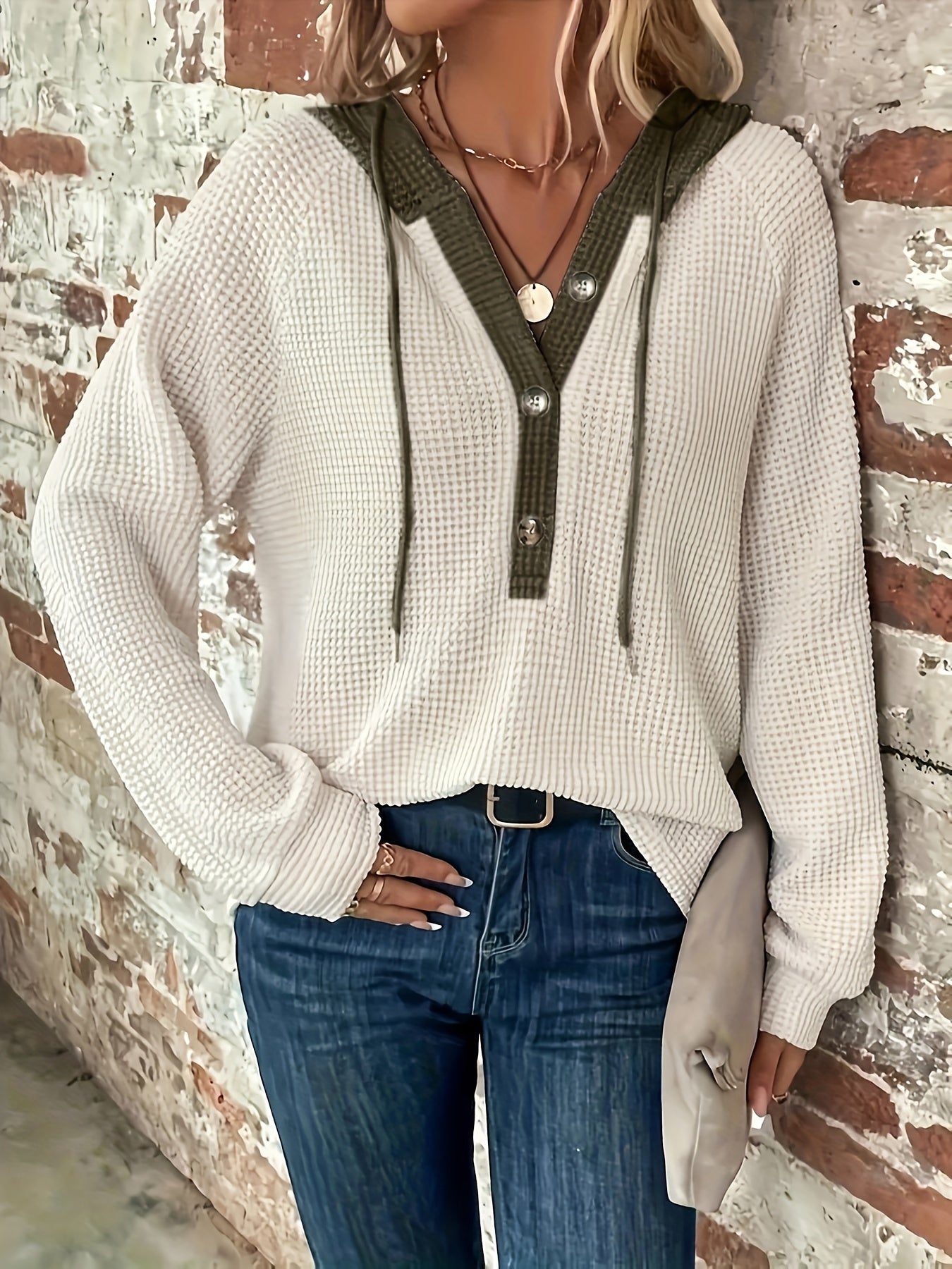 Casual Hoodie Sweatshirt | Women's Semi-Sheer, Solid Knit | Stretch Fit with Button Detail | Easy-Care