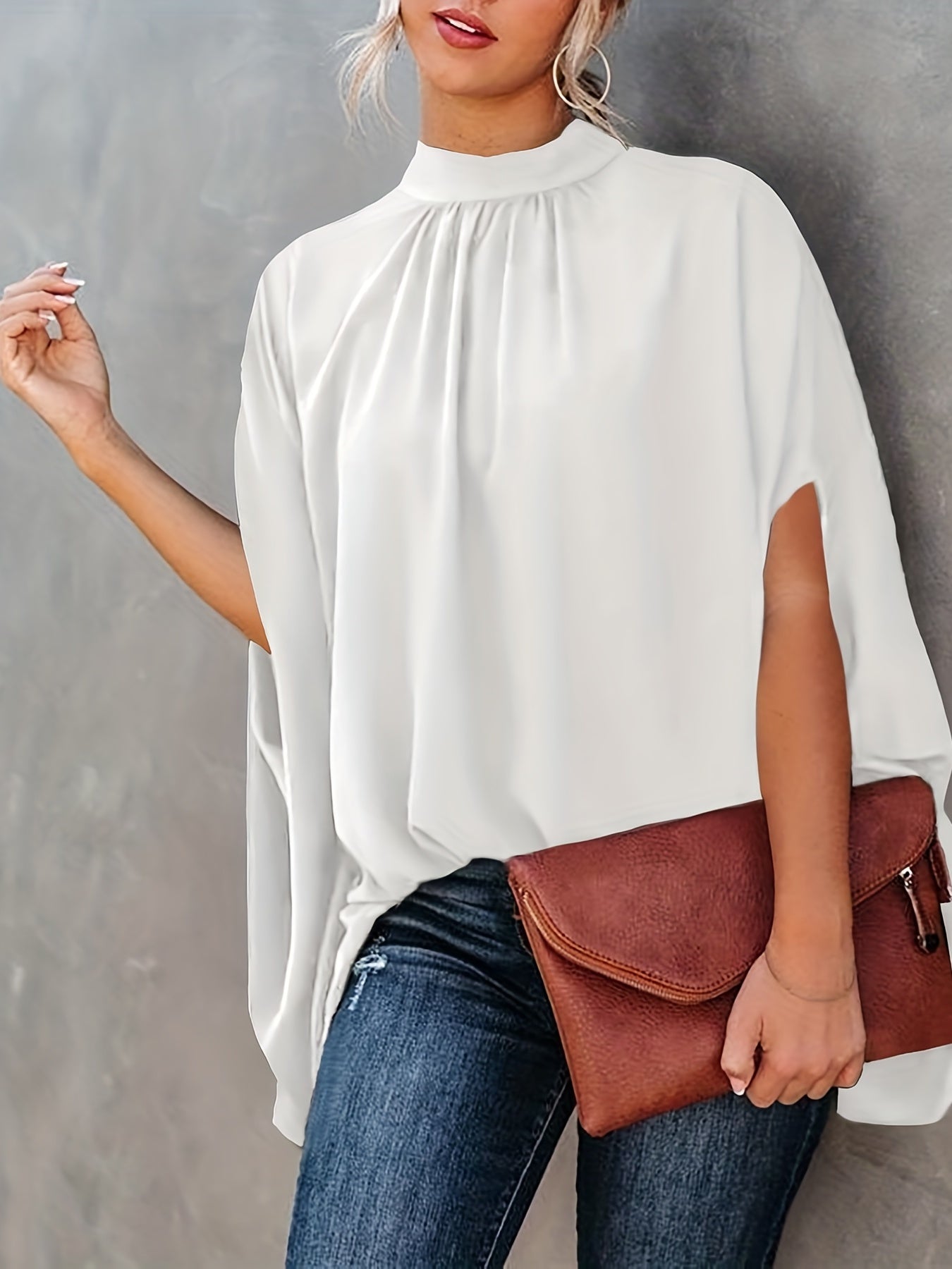 Asymmetrical High Neck Batwing Sleeve Shirt, Letter Print Elegant Summer Stretchy Shirt
