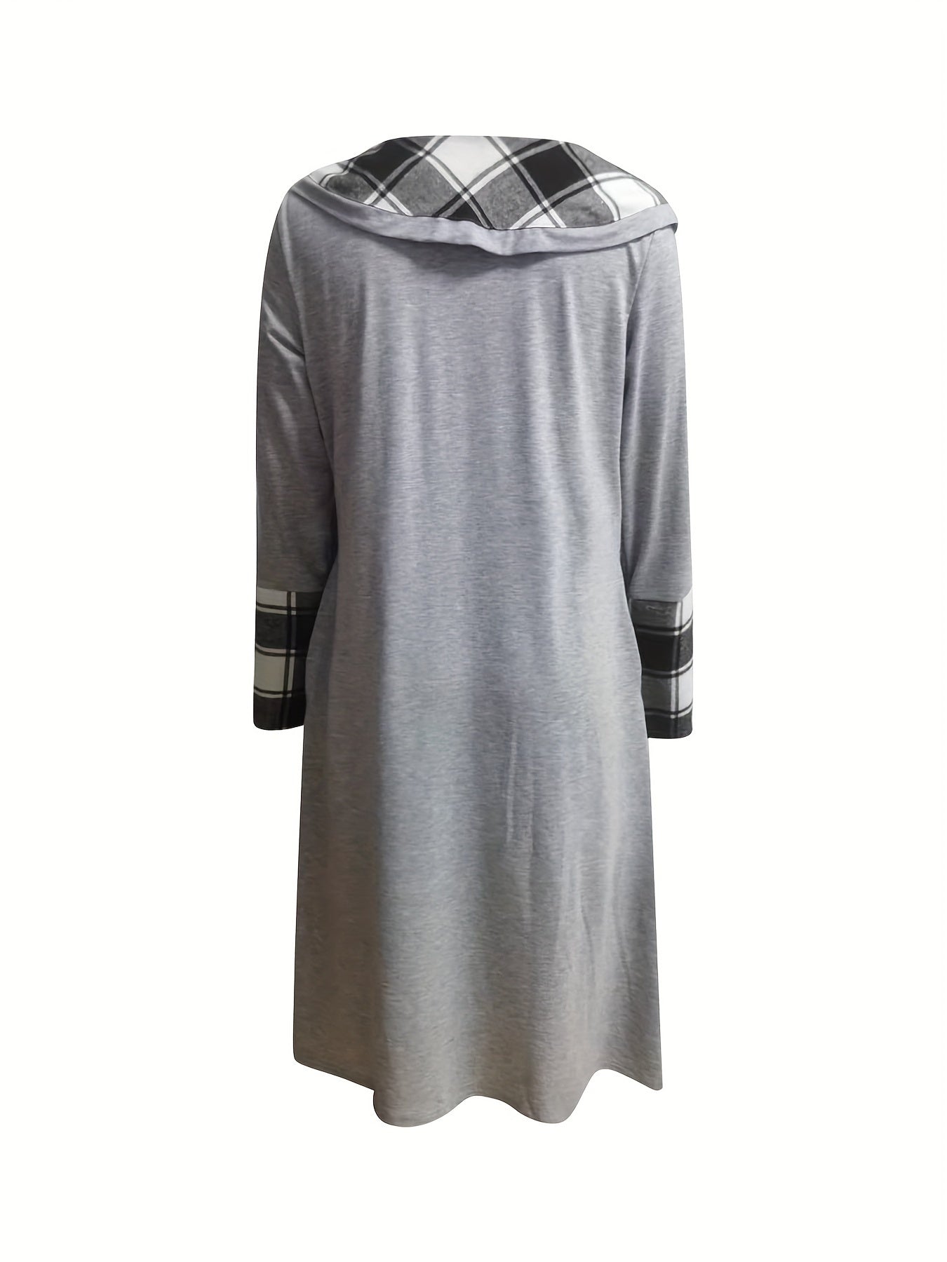 Plaid Print Splicing Dress, Casual Pile Collar Long Sleeve Dress