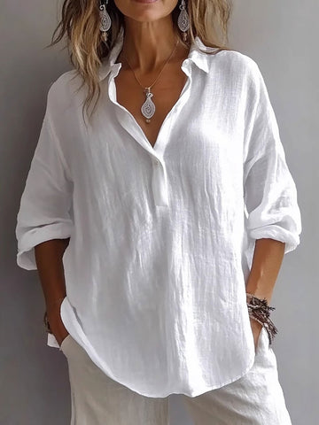 Solid Color Loose Long-Sleeved Lavender Linen V-Neck Shirt