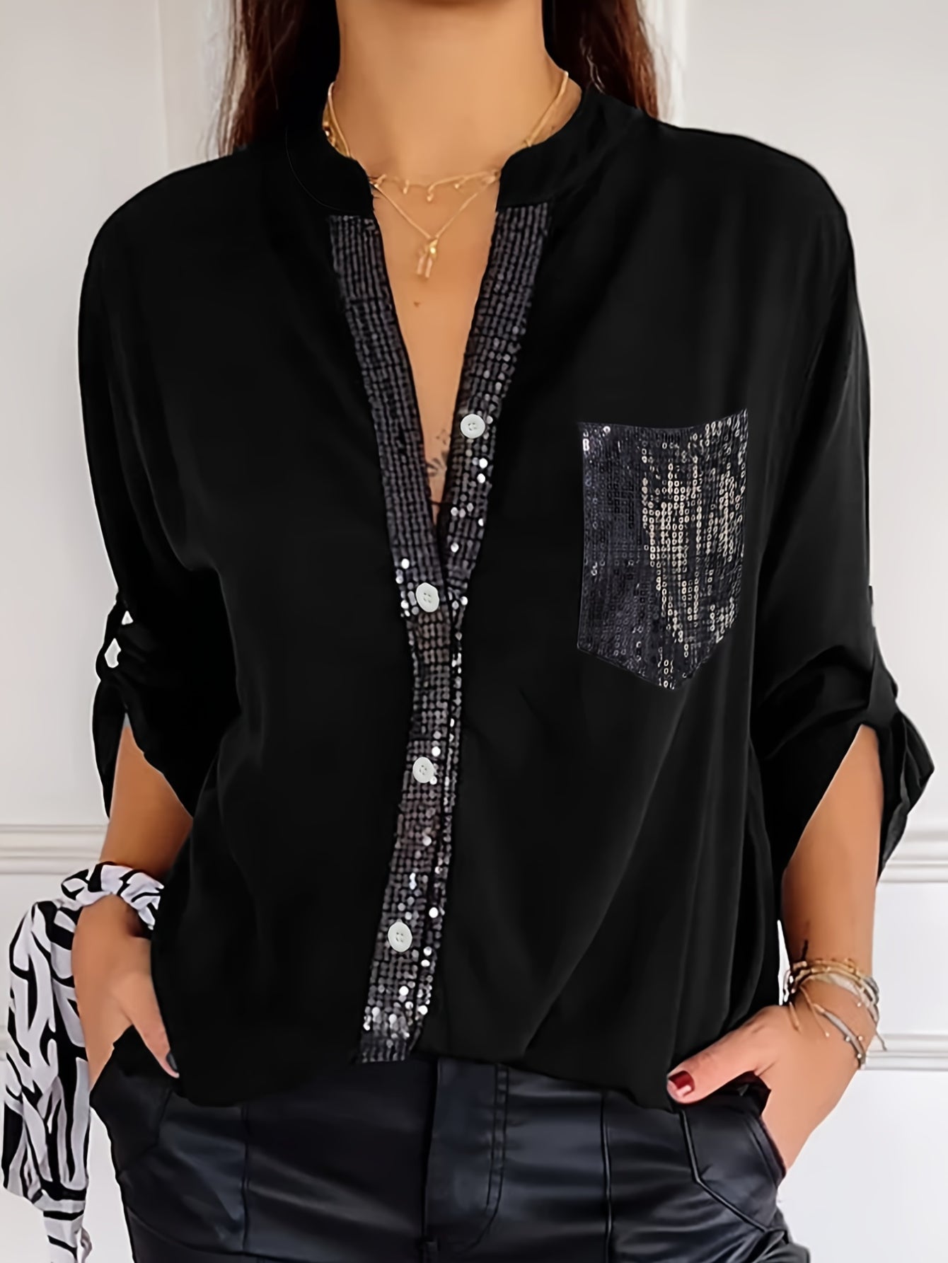 Solid Color Casual V-Neck Sequin Loose Fit Long Sleeve Blouse