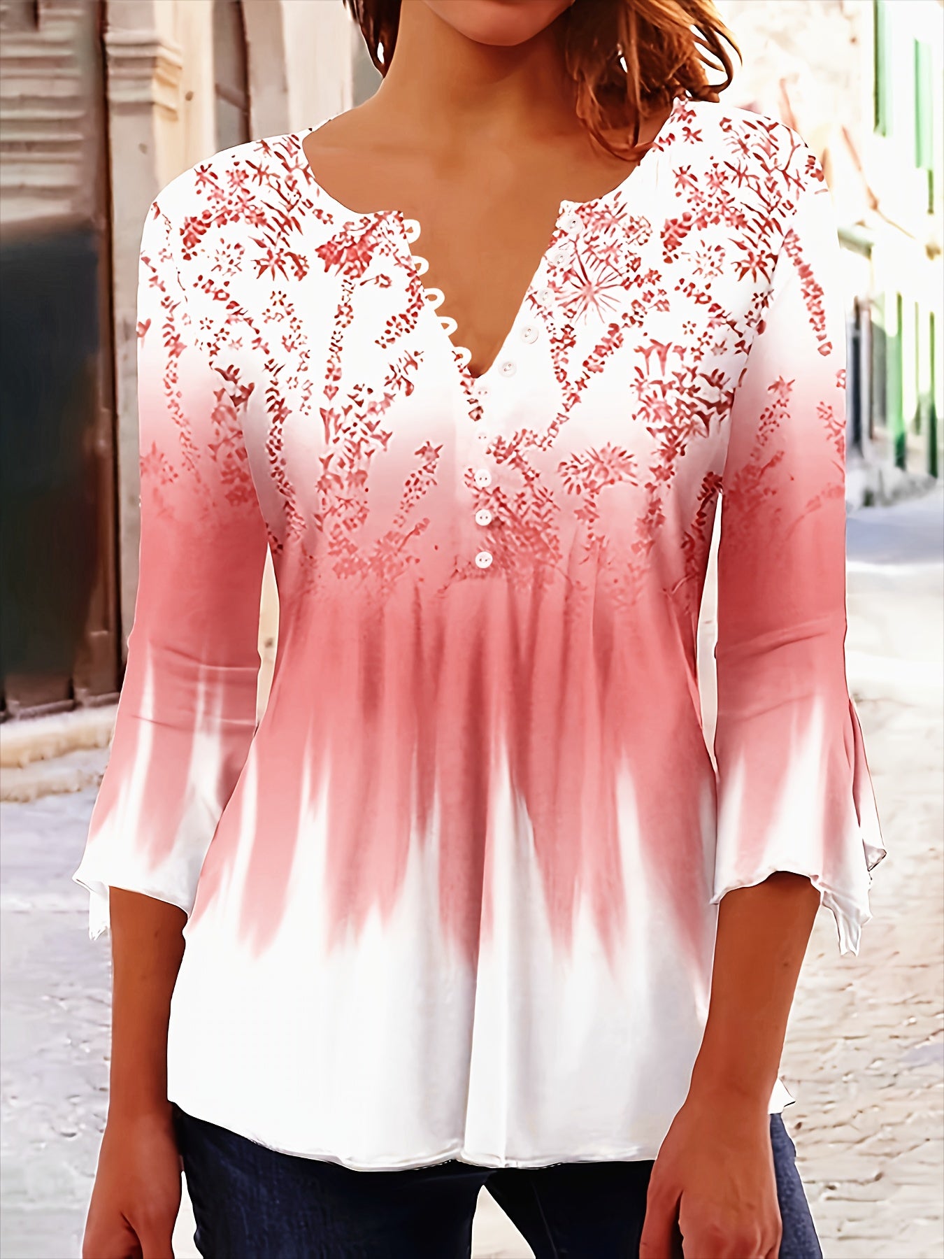 Casual Floral Print V-Neck 3/4 Sleeves Blouse