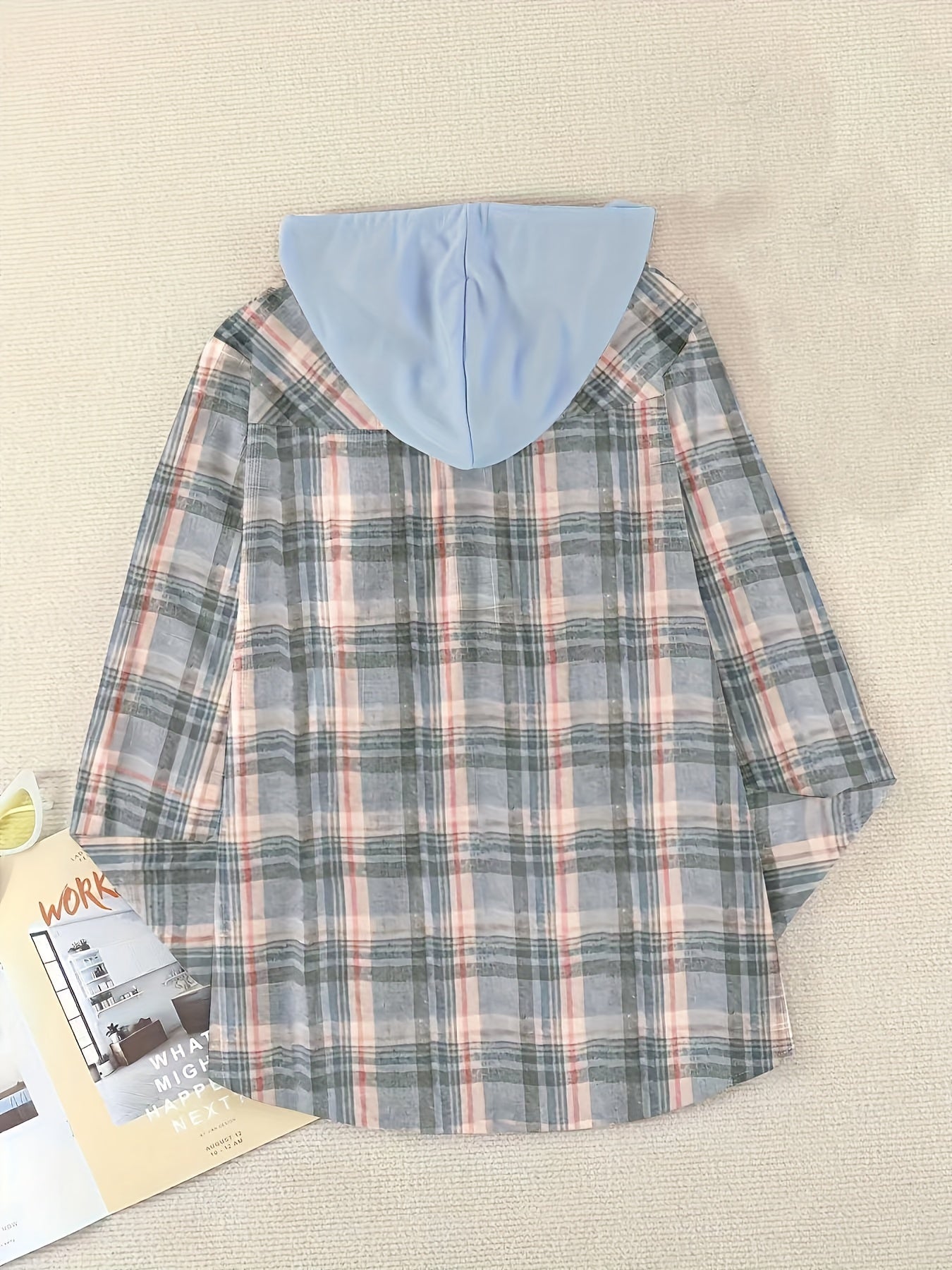 Plaid Print Hooded Shirt, Casual Long Sleeve Drawstring Shirt