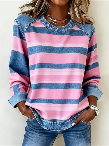 Abstract Stripes Print Patchwork Denim Crewneck Long-Sleeved Sweatshirt
