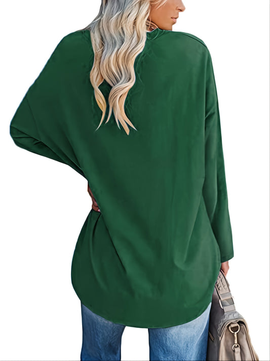 Women's Solid Color Oversized Tops, V-Neck Long Sleeve T-Shirts, Casual Loose Shirts