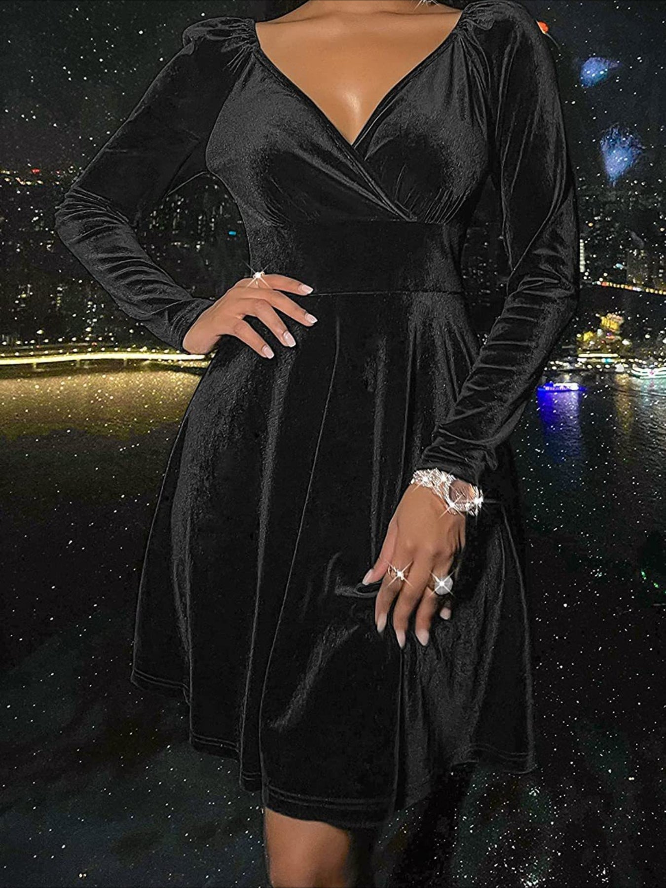 Plain Spring/Fall V Neck Long Sleeve A-Line Midi Dress