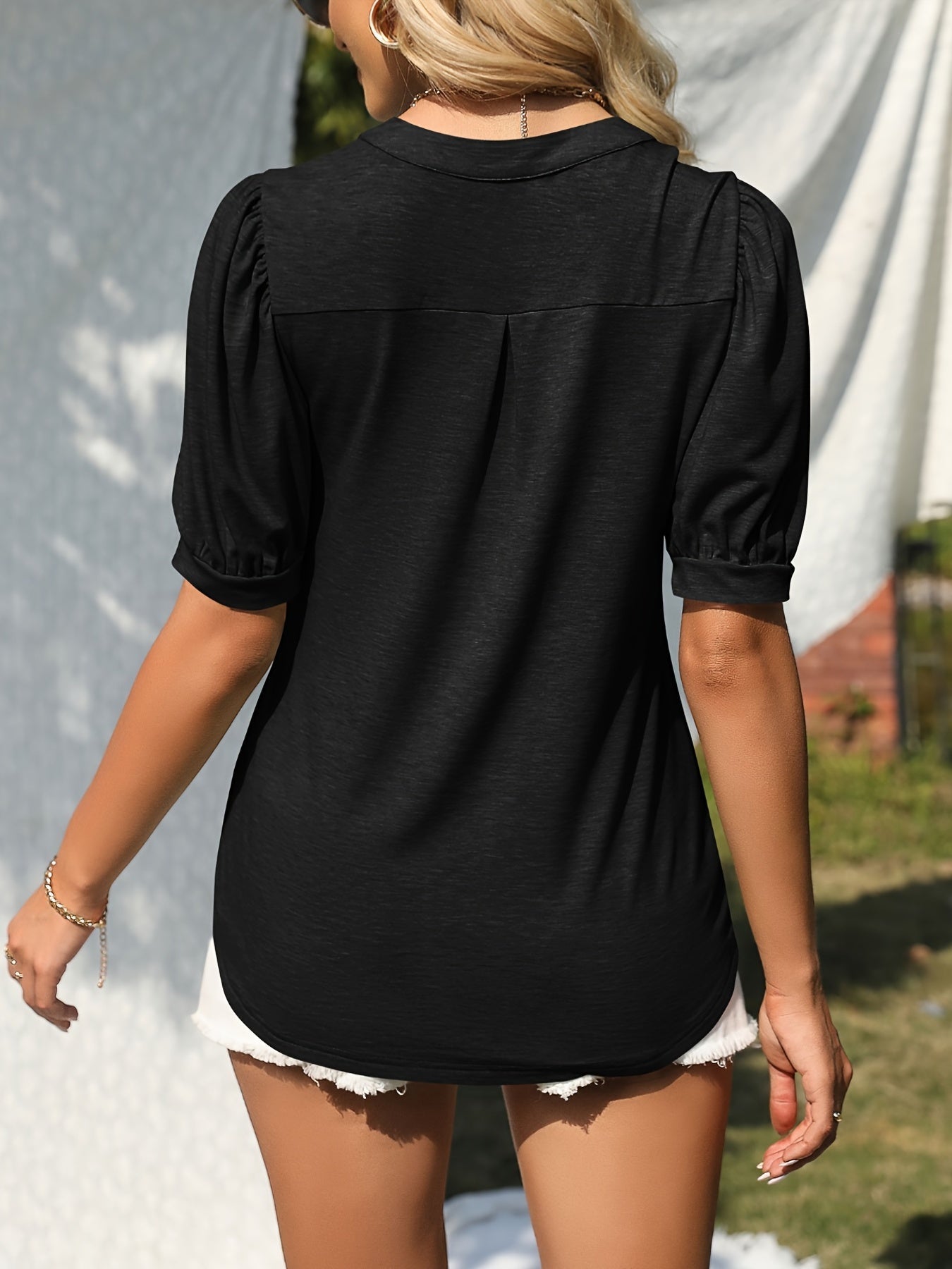 Solid Puff Sleeve T-Shirt, V Neck Short Sleeve T-Shirt, Casual Every Day Tops