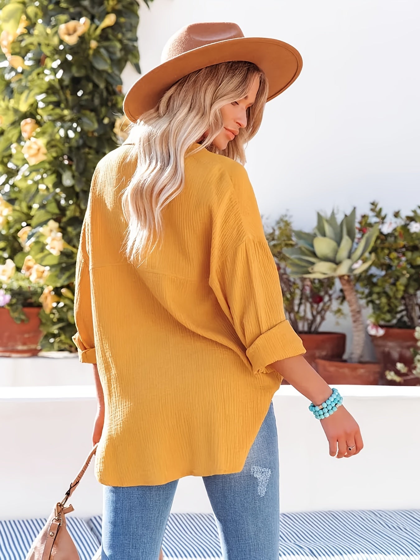 V-neck Loose Lapel Blouses, Casual Pocket Button Down Long Sleeve Fashion Shirts Tops