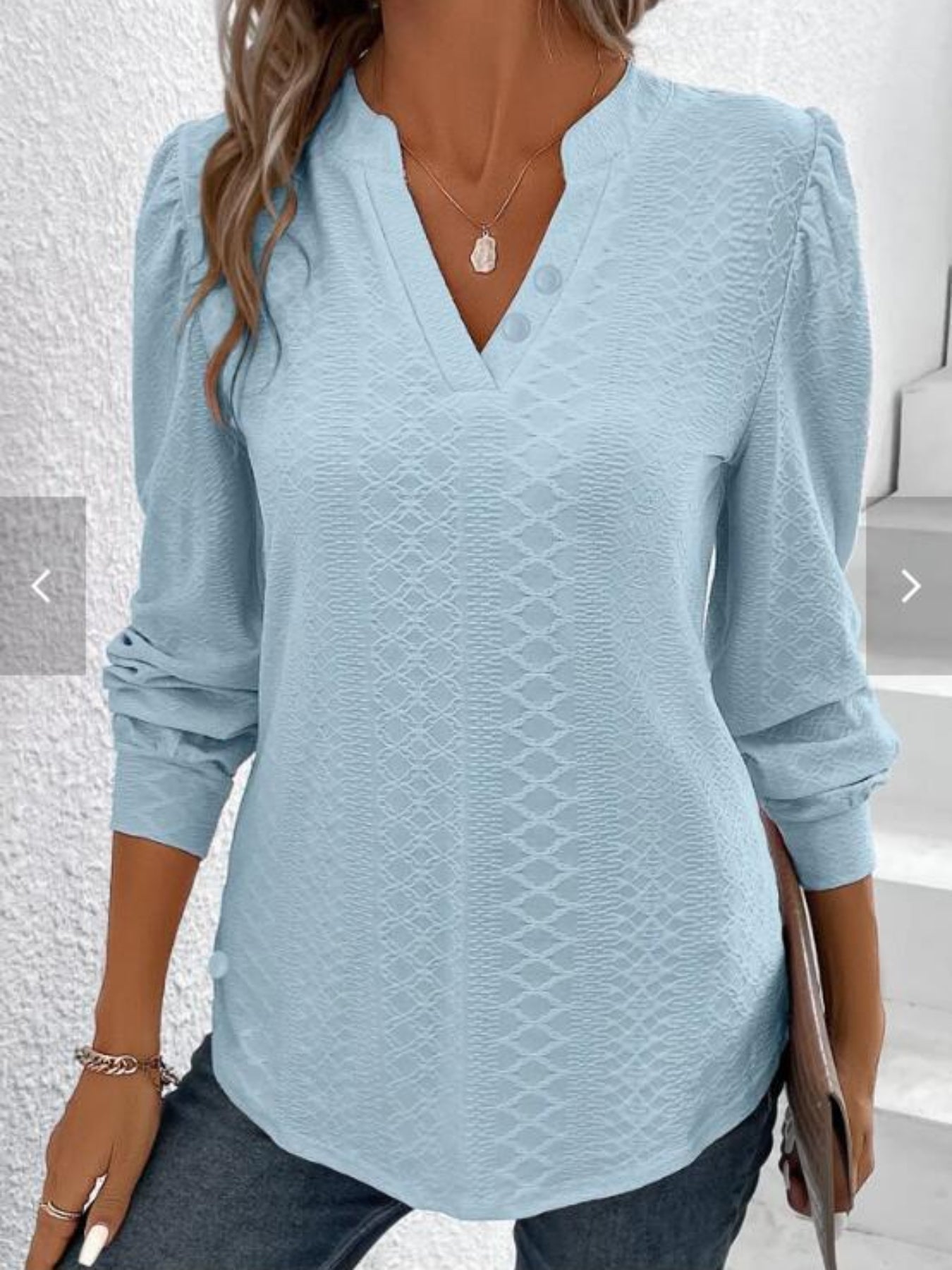 Casual T-shirt, Women's  Solid Jacquard Lantern Sleeve Notched Neck T-shirt