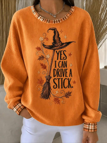 YES I CAN DRIVE A STICK. Halloween Printed Crew Neck Floral Long Sleeve Sweater Hoodie