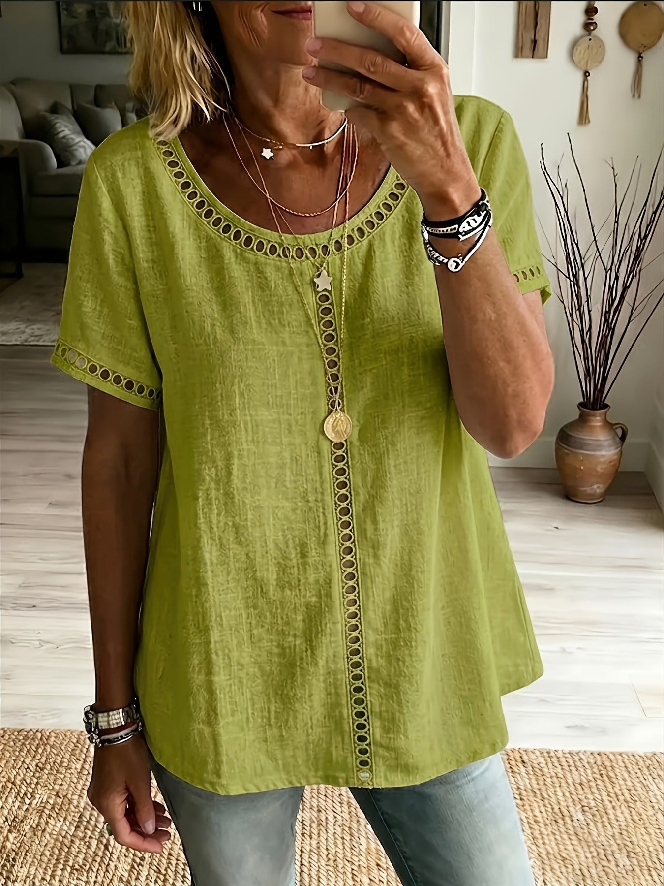 Solid Color Hollow Out Lace Fashion Short-Sleeve Top