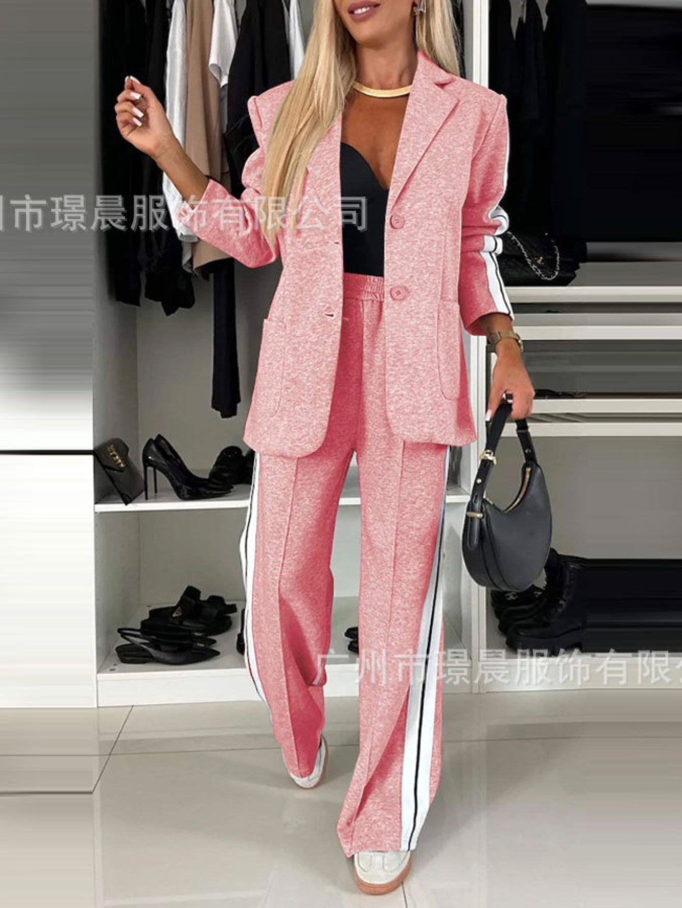 Full Size Contrast Lapel Collar Top and Pants Set