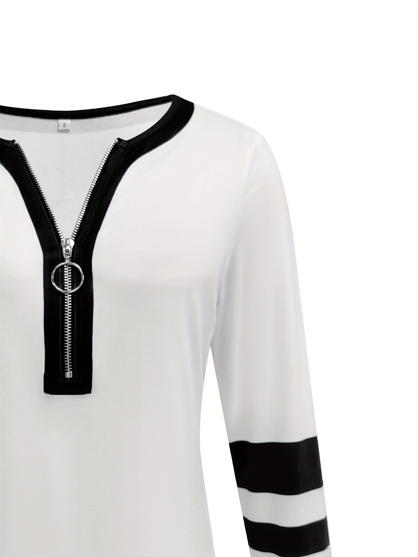 Stylish Color Block V-Neck Long Sleeve T-Shirt with Zipper Detail