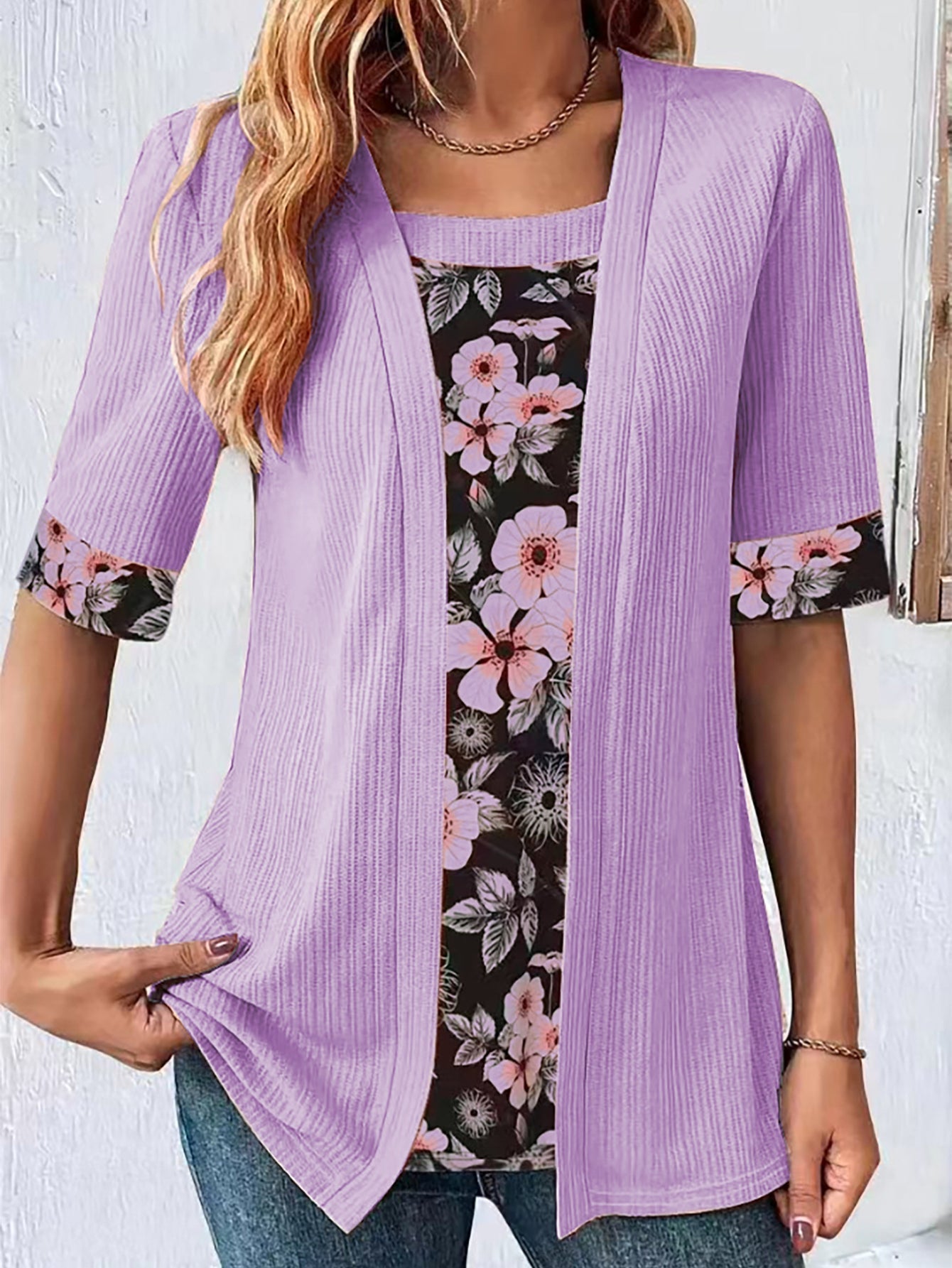 Ladies' Floral Print Fake Two Piece T-Shirt With Square Neckline