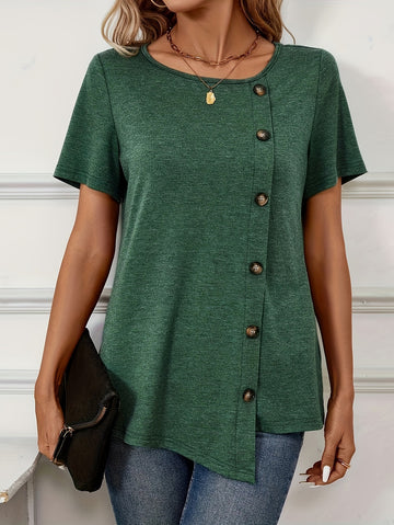 Button Decor Solid T-Shirt, Casual Crew Neck Short Sleeve Top