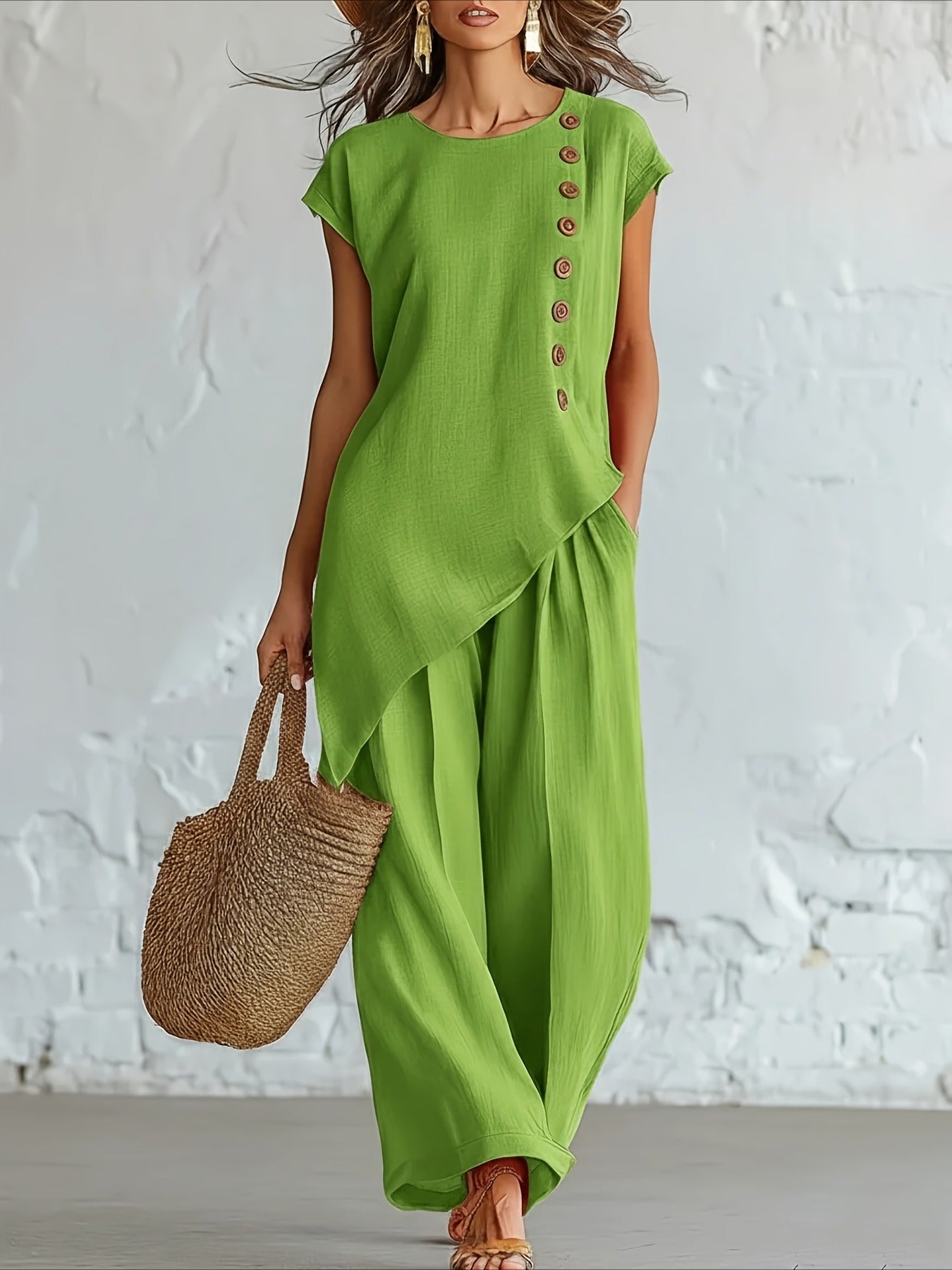 2pcs Set Button Detail Asymmetrical Hem Top & Wide Leg Pants Outfit