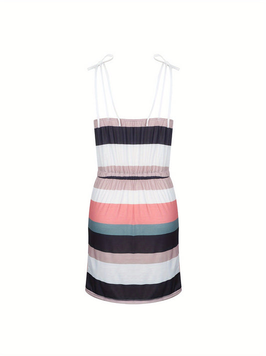Striped Drawstring Lace Up Dress, Pocket V-neck Sleeveless Dress