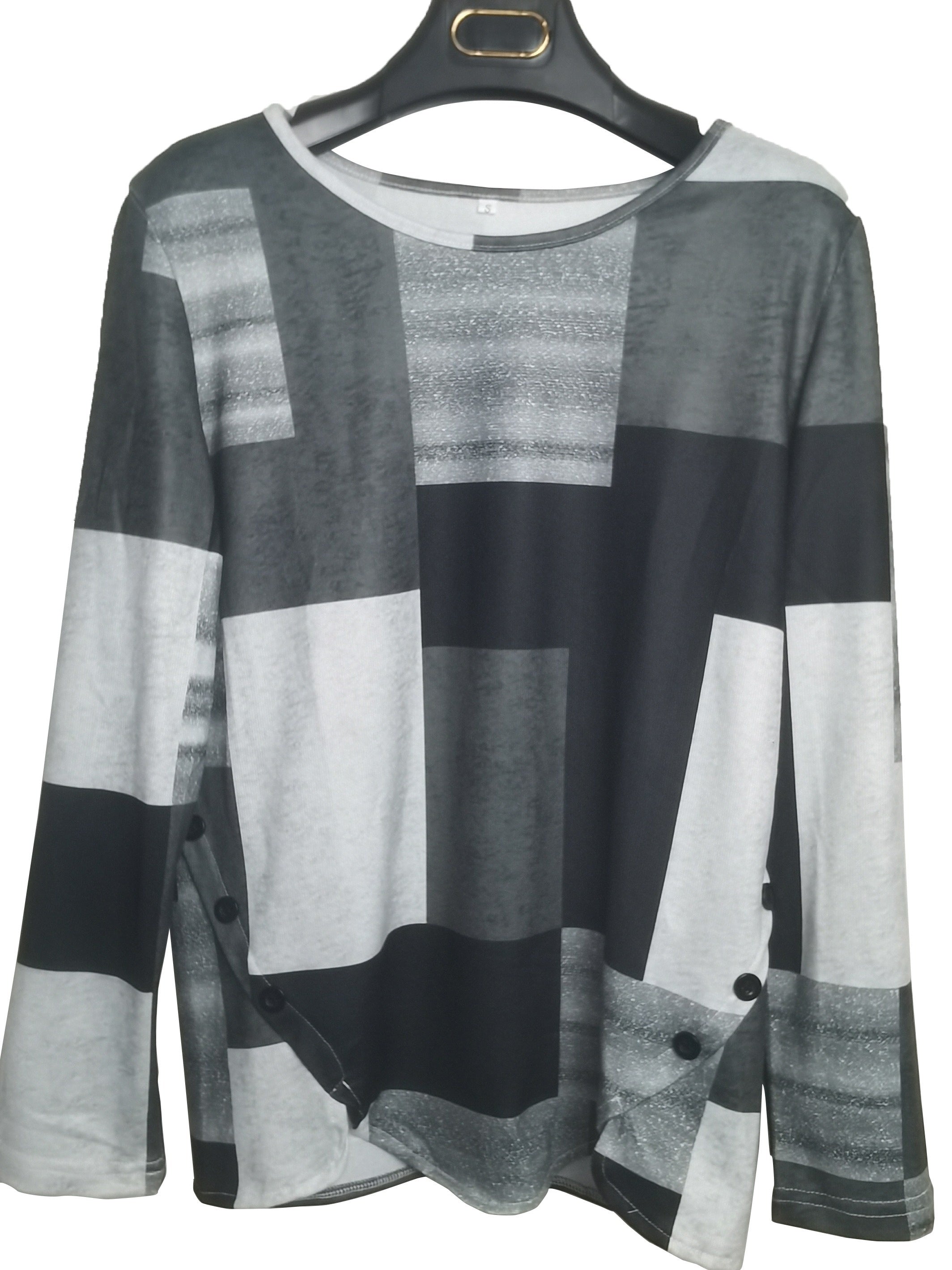 Colorblock Long Sleeve Round Neck Button Decor Asymmetrical Hem Slight Stretch T-shirt
