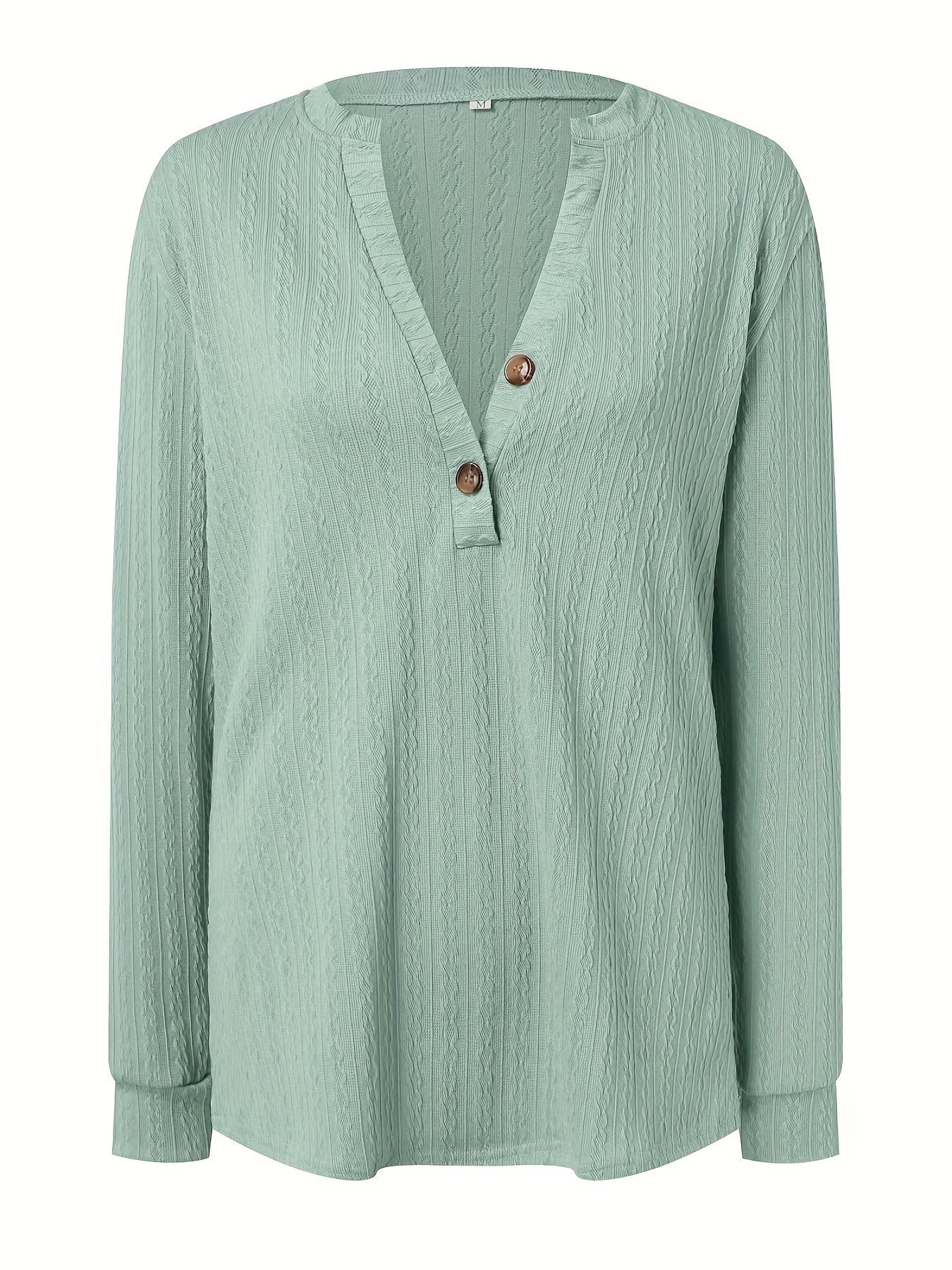 Plus Size Casual Top, Women's Plus Solid Cable Long Sleeve Button Decor V Neck Slight Stretch Top