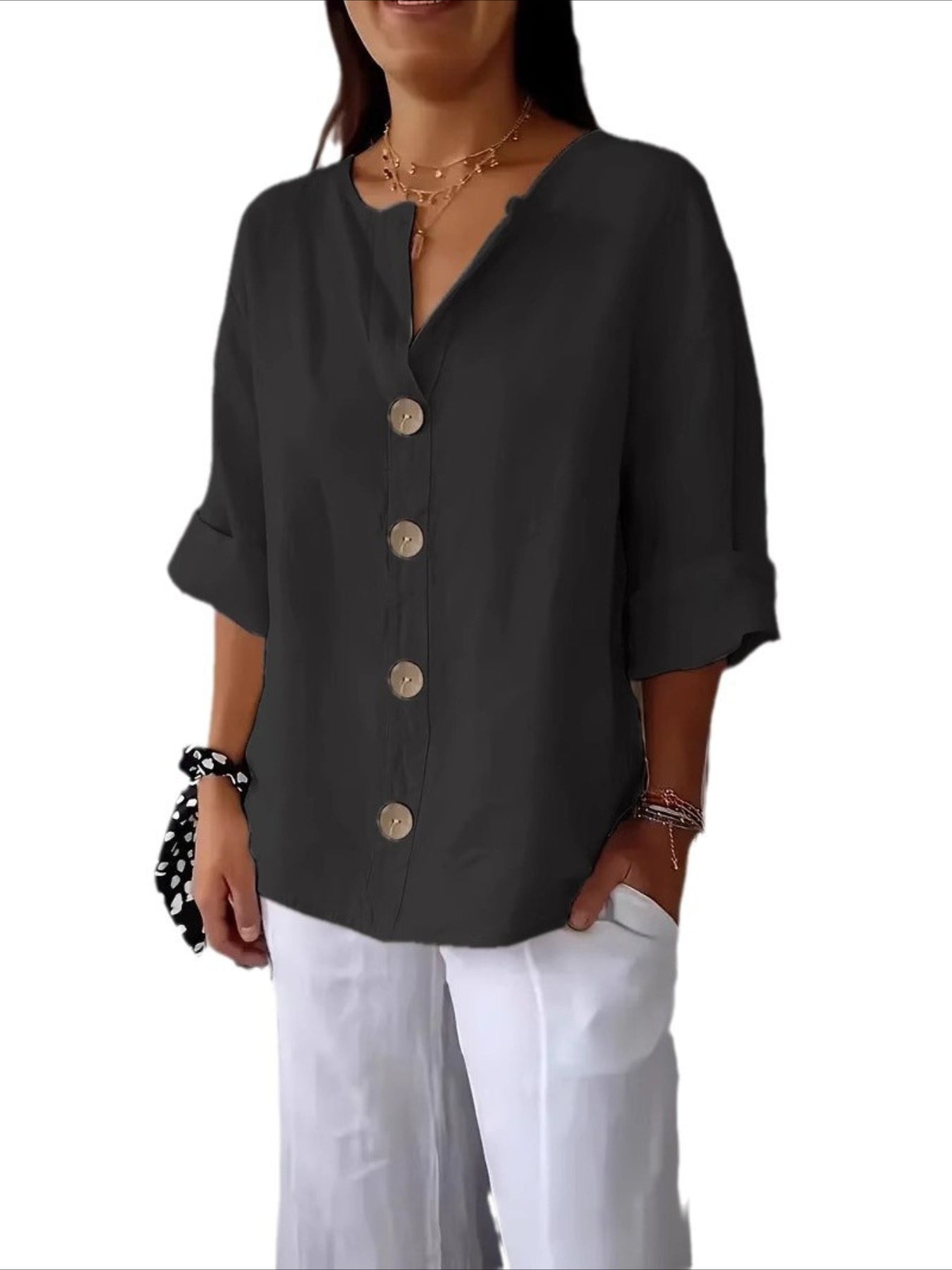 V-Neck Button-Up Solid Color Short Sleeve Loose Fit Short Sleeve Shirt