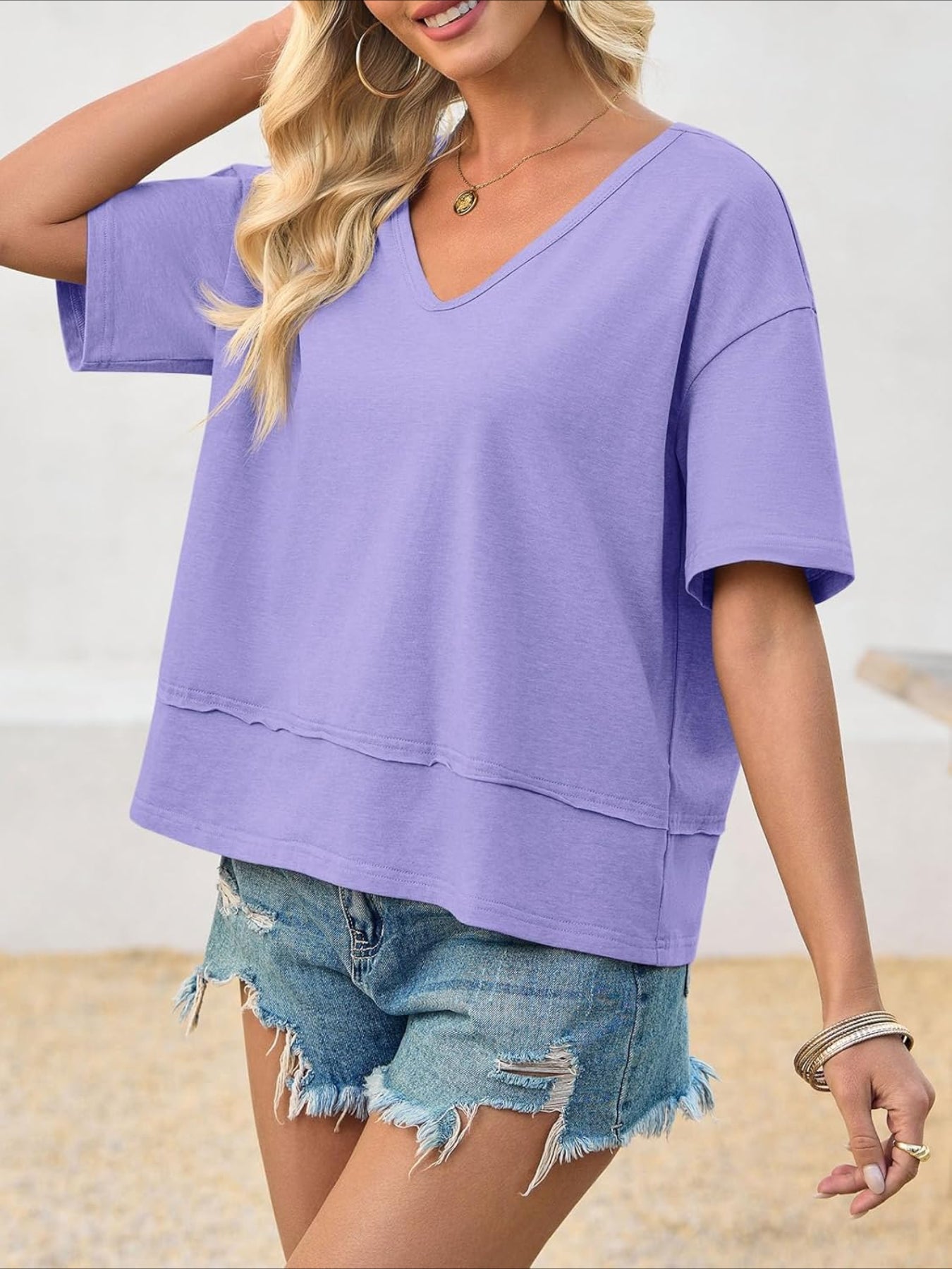 V Neck Casual Short Sleeve Flowy Cute Loose Fit Basic Tees