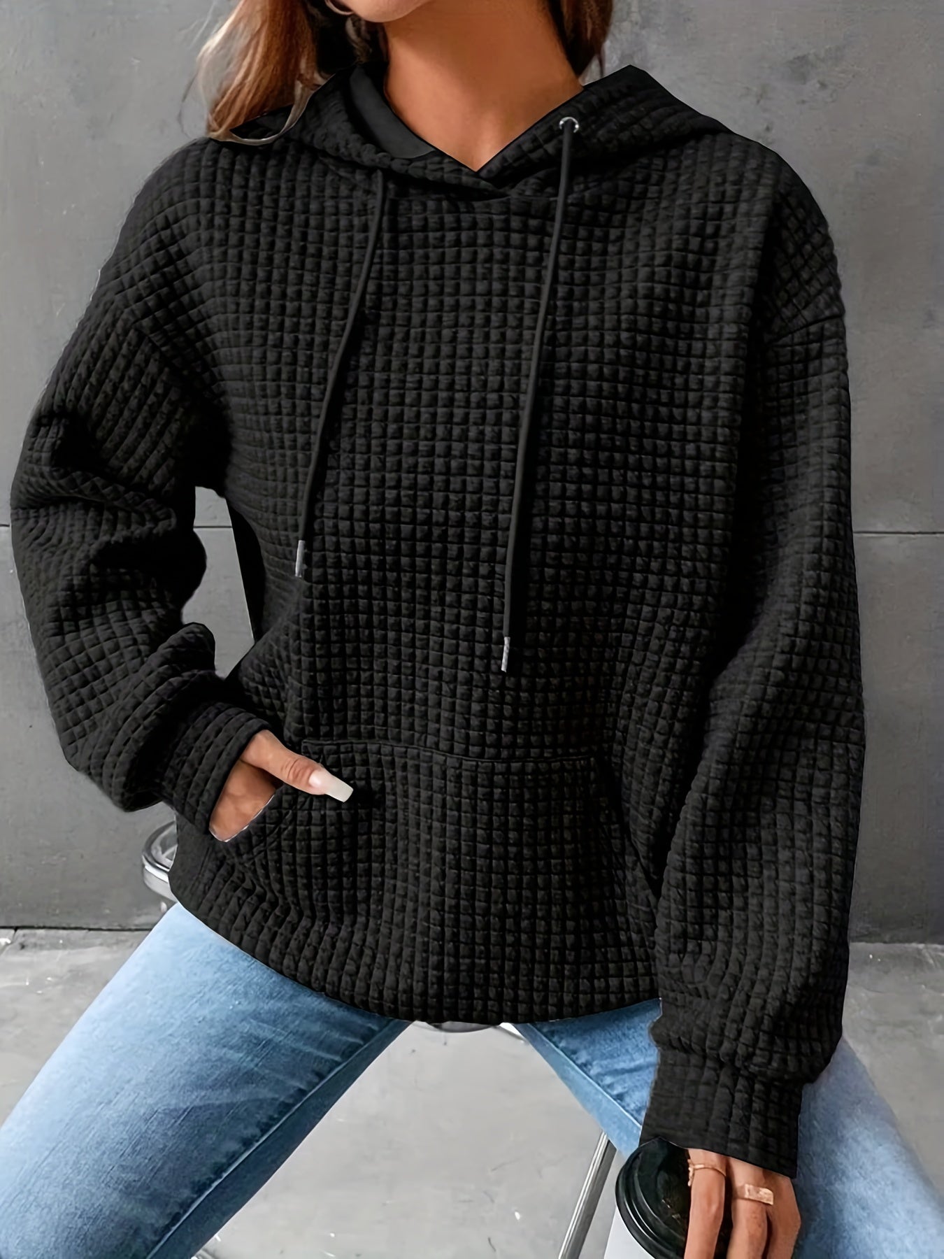 Waffle Grid Kangaroo Pocket Hoodie, Casual Long Sleeve Drawstring Hoodies Sweatshirt