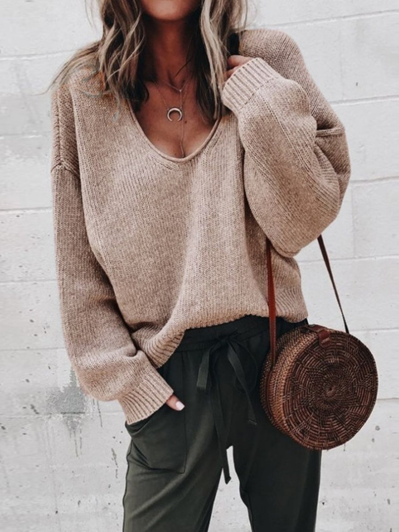Solid Color V Neck Sweater, Casual Long Sleeve Sweater