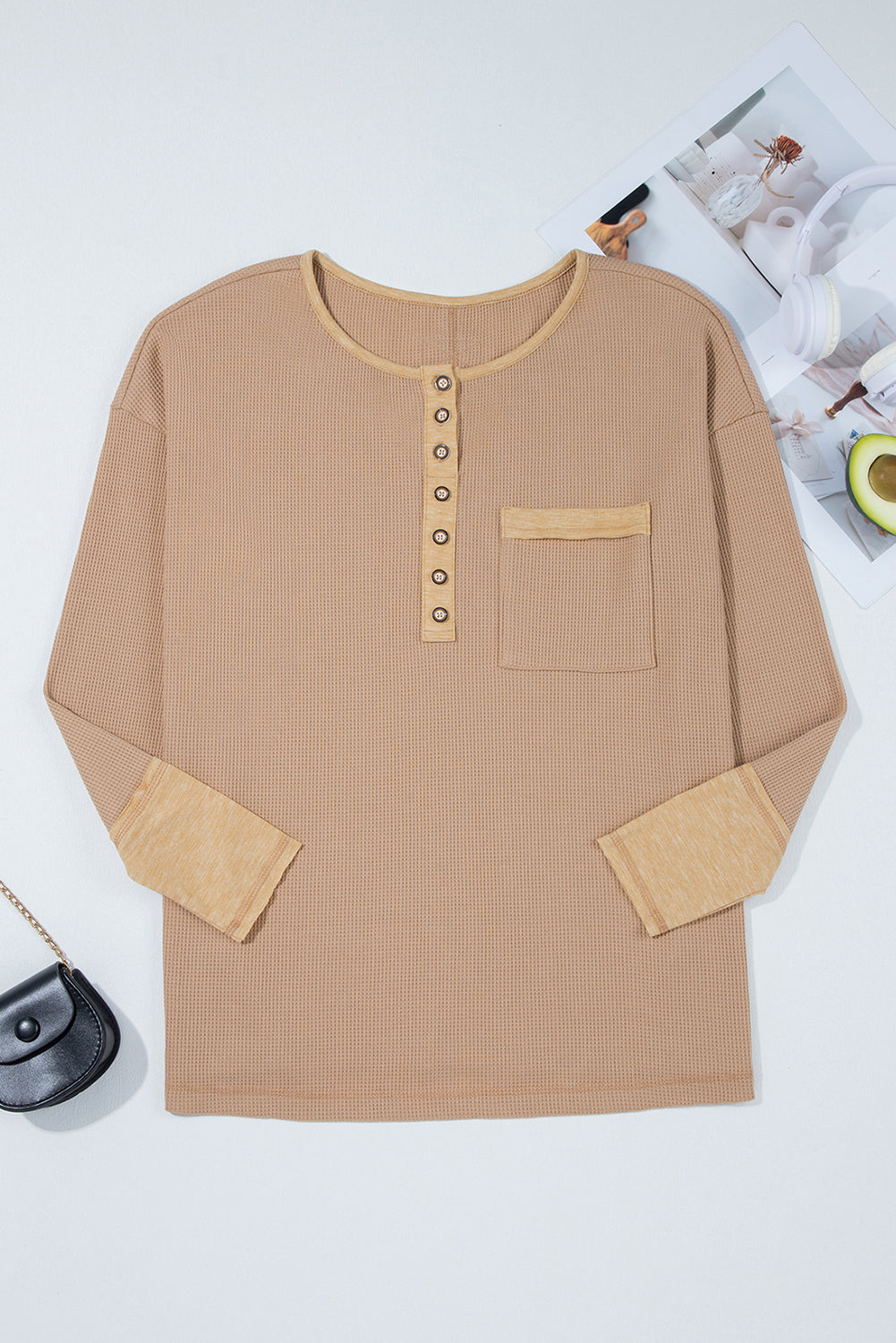 Dark Khaki Color Block Waffle Textured Tunic Henley Top with Slits