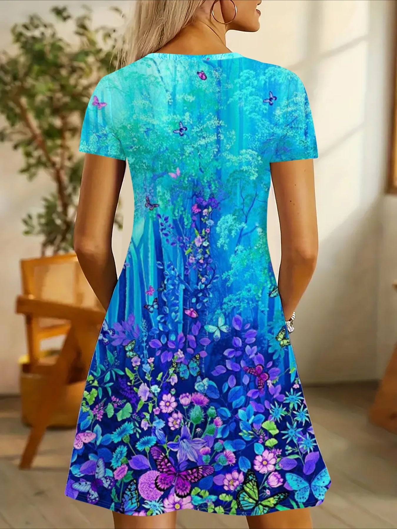 Short Sleeve Vibrant 3D Butterfly Print V-Neck Dress