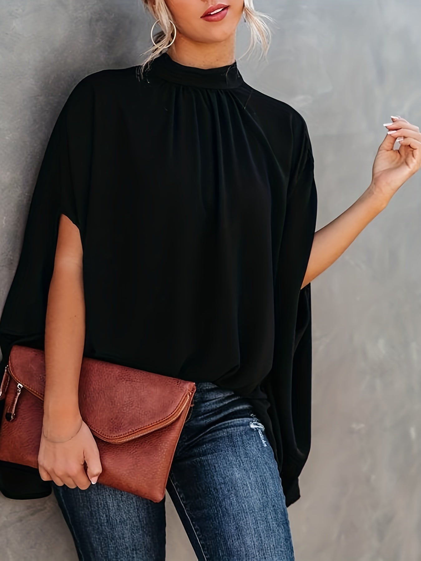 Asymmetrical High Neck Batwing Sleeve Shirt, Letter Print Elegant Summer Stretchy Shirt