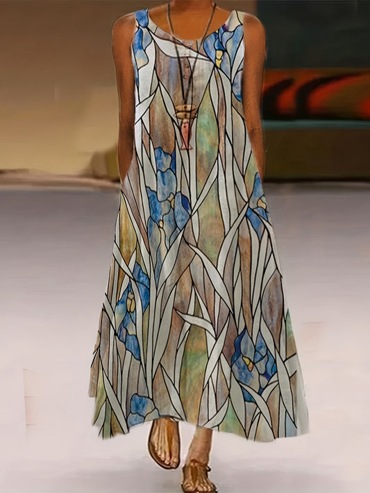 Flower & Leaf Print Sleeveless Round Neck Medium Stretch Maxi Cami Dress With Pockets