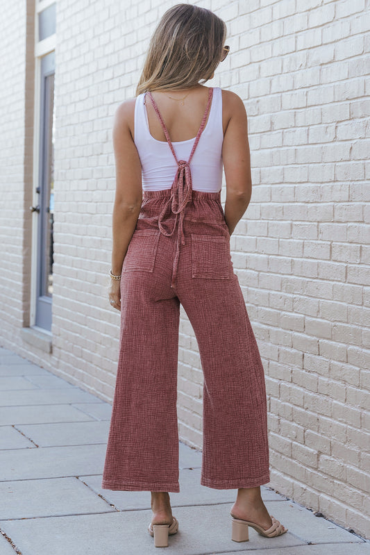 Fiery Red Textured Shoulder Straps Pocketed Overalls
