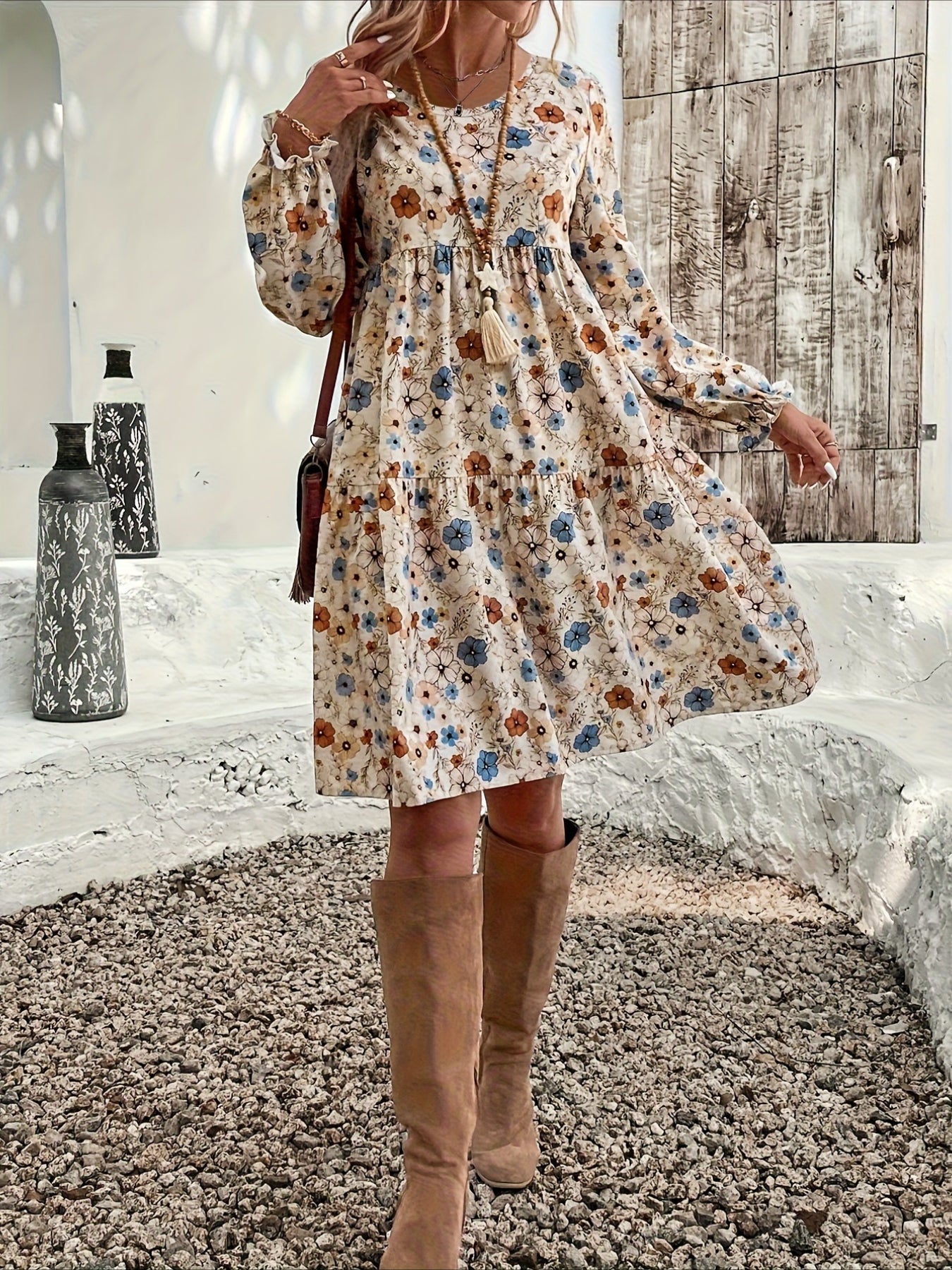 Floral Print Crew Neck Casual Long Sleeve Dress