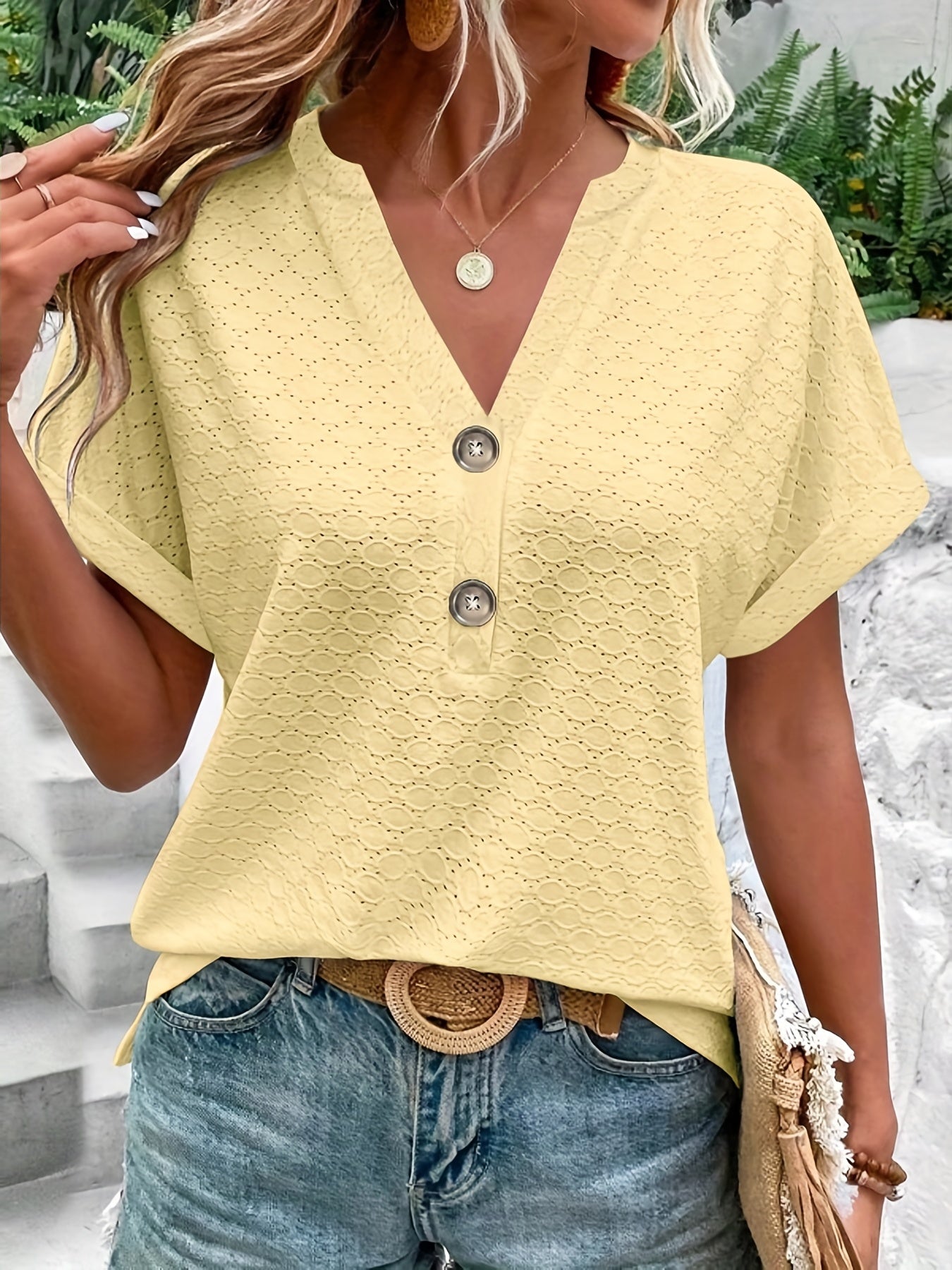 Solid Button Front V Neck T-Shirt, Casual Short Sleeve Top