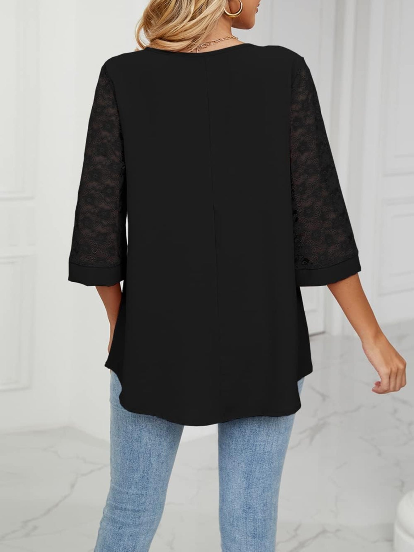 Casual 3/4 Sleeve Lace Chiffon Solid T-Shirt