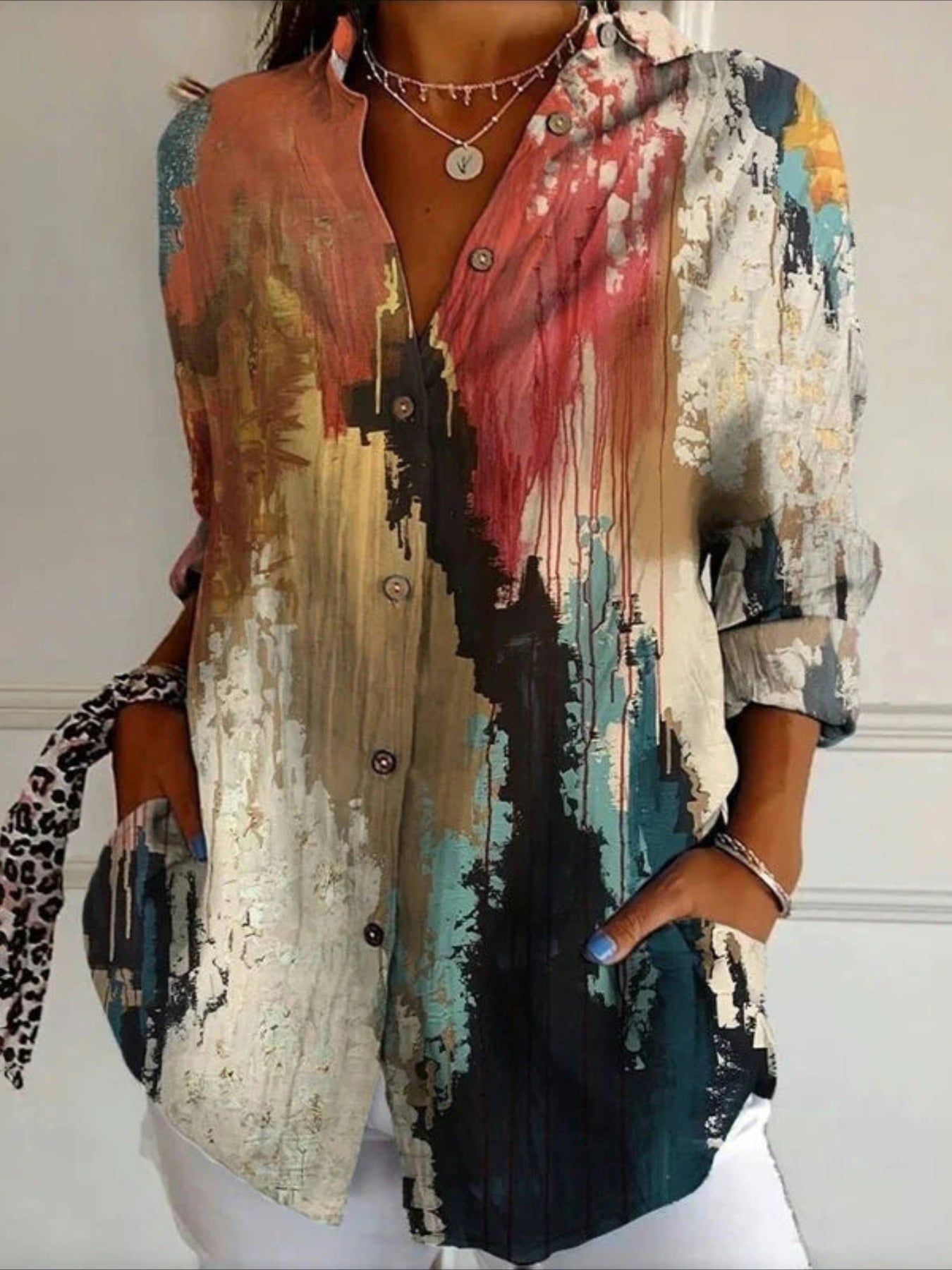 Long Sleeve Shirt Spring/Fall Abstract Shirt Collar Daily Going Out Casual Top