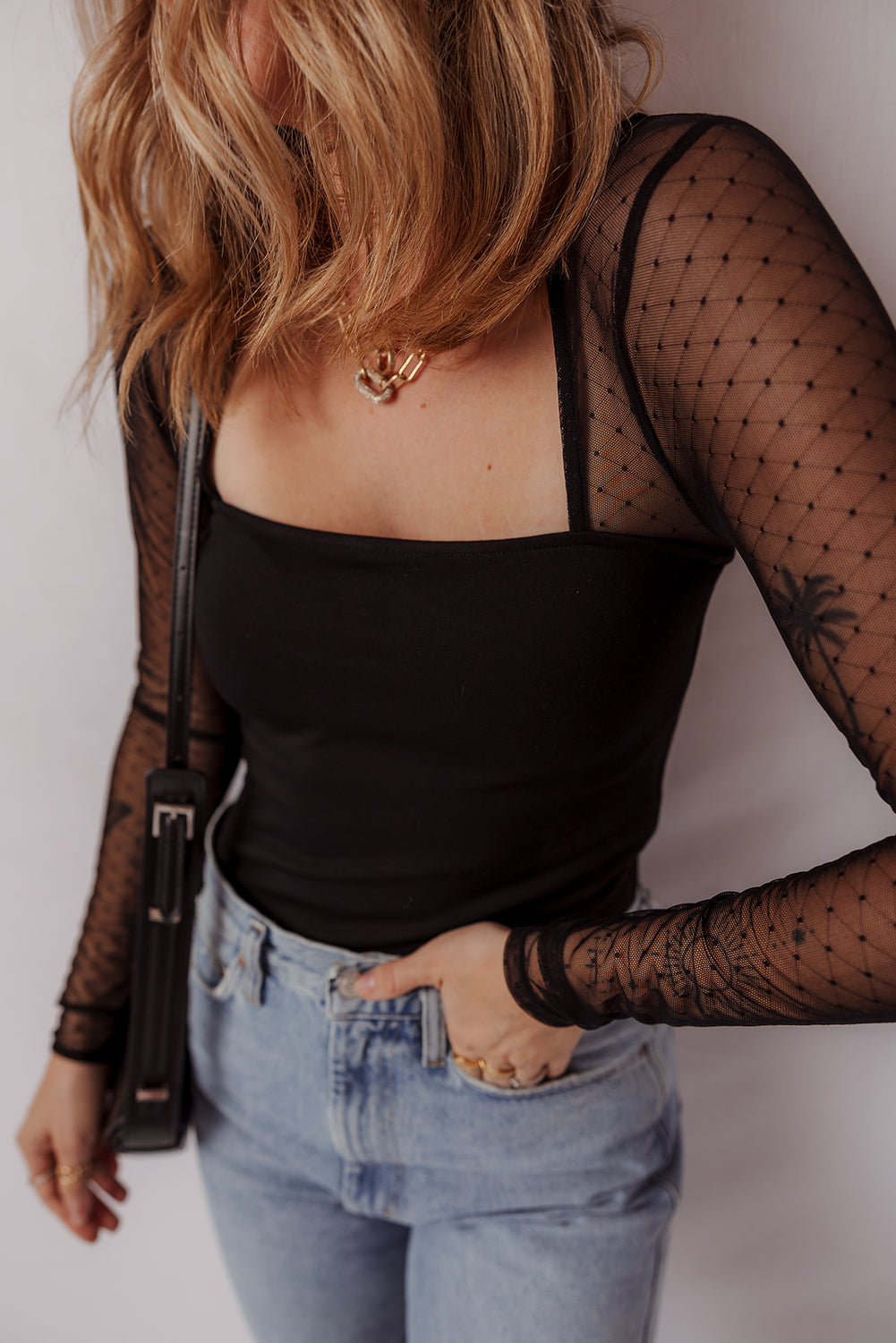 Black Polka Dot Mesh Long Sleeve Square Neck Bodysuit