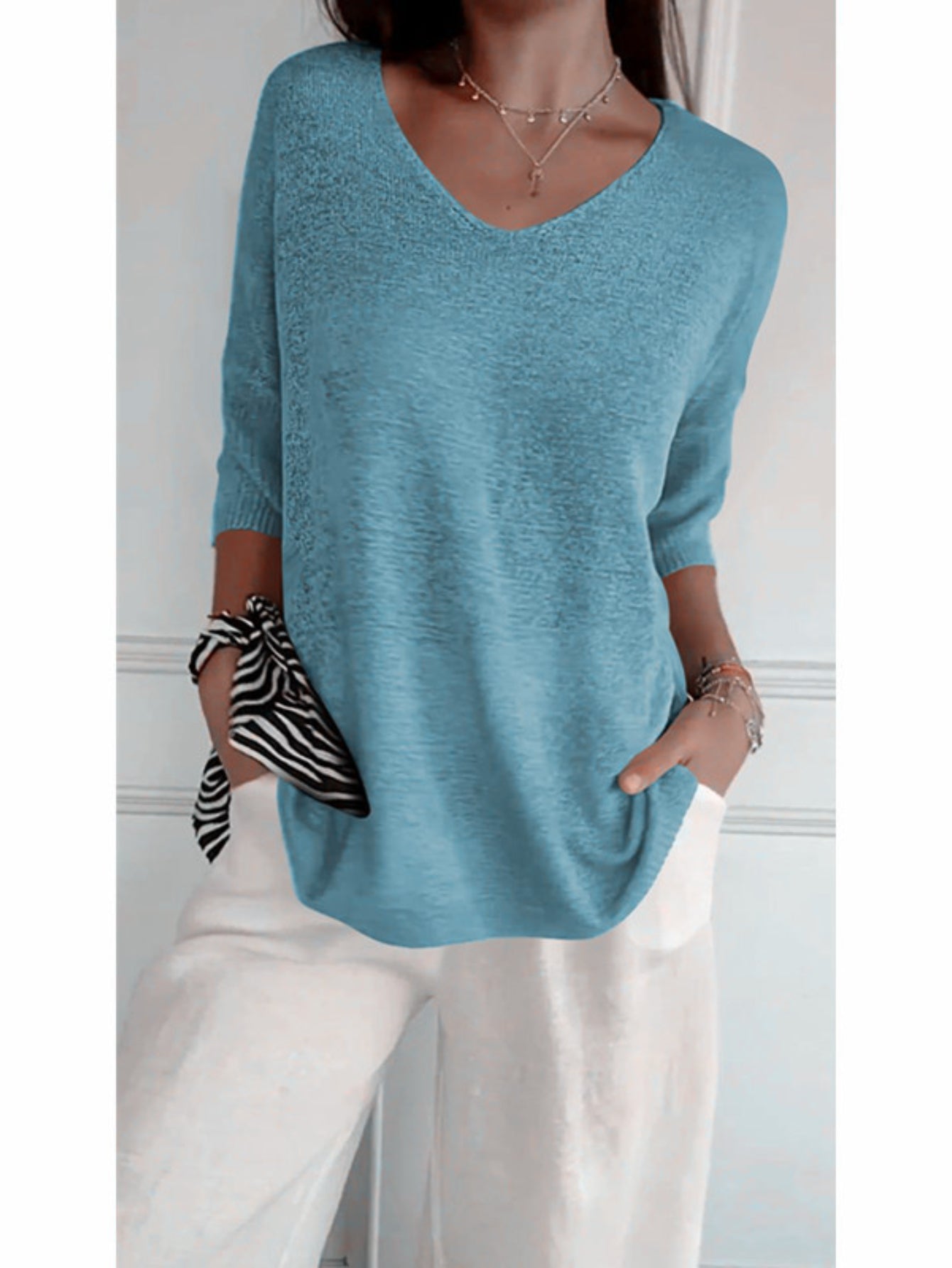 Cozy V Neck Pullover Three-Quarter Sleeve Knitted Sweater