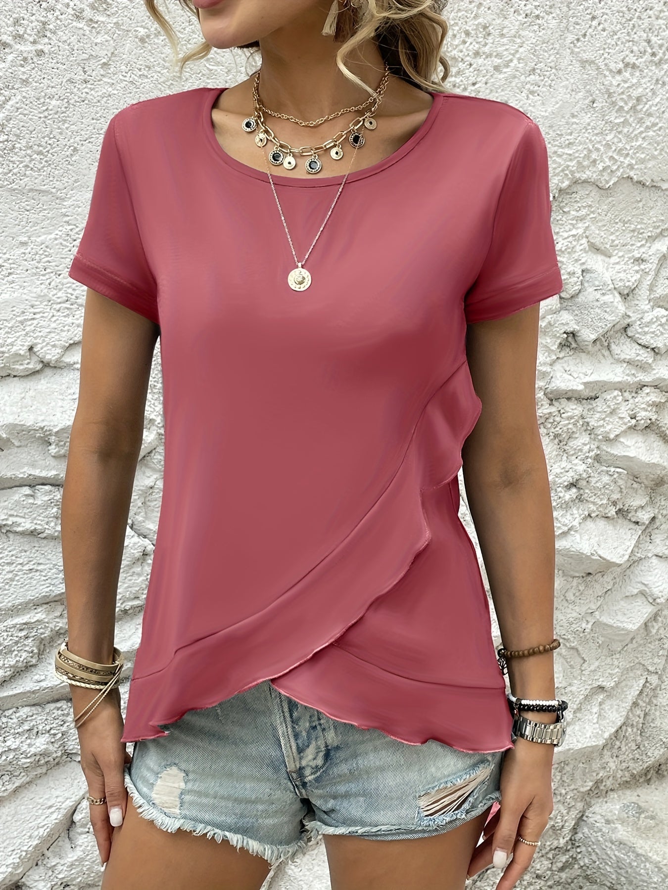 Asymmetrical Ruffle Hem T-Shirt, Casual Crew Neck Short Sleeve T-Shirt