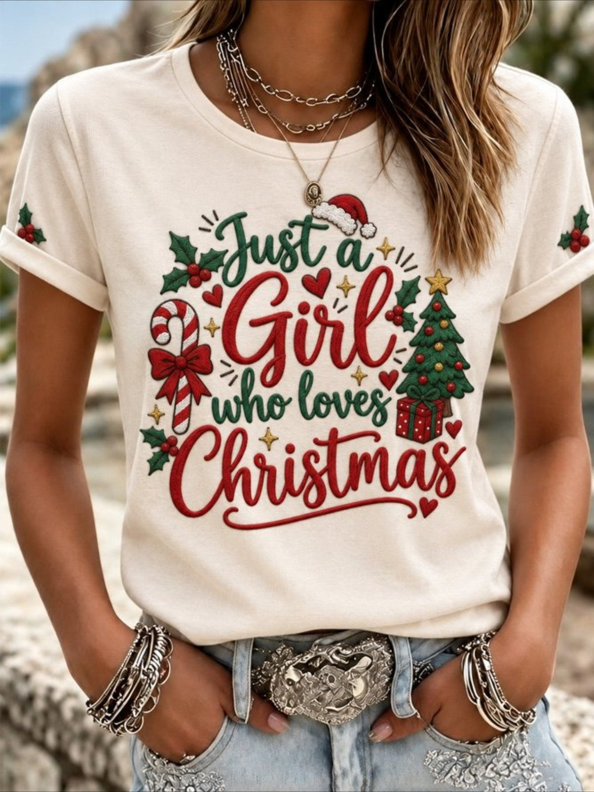 100% Cotton Christmas Letter Print Short Sleeve Crew Neck Top